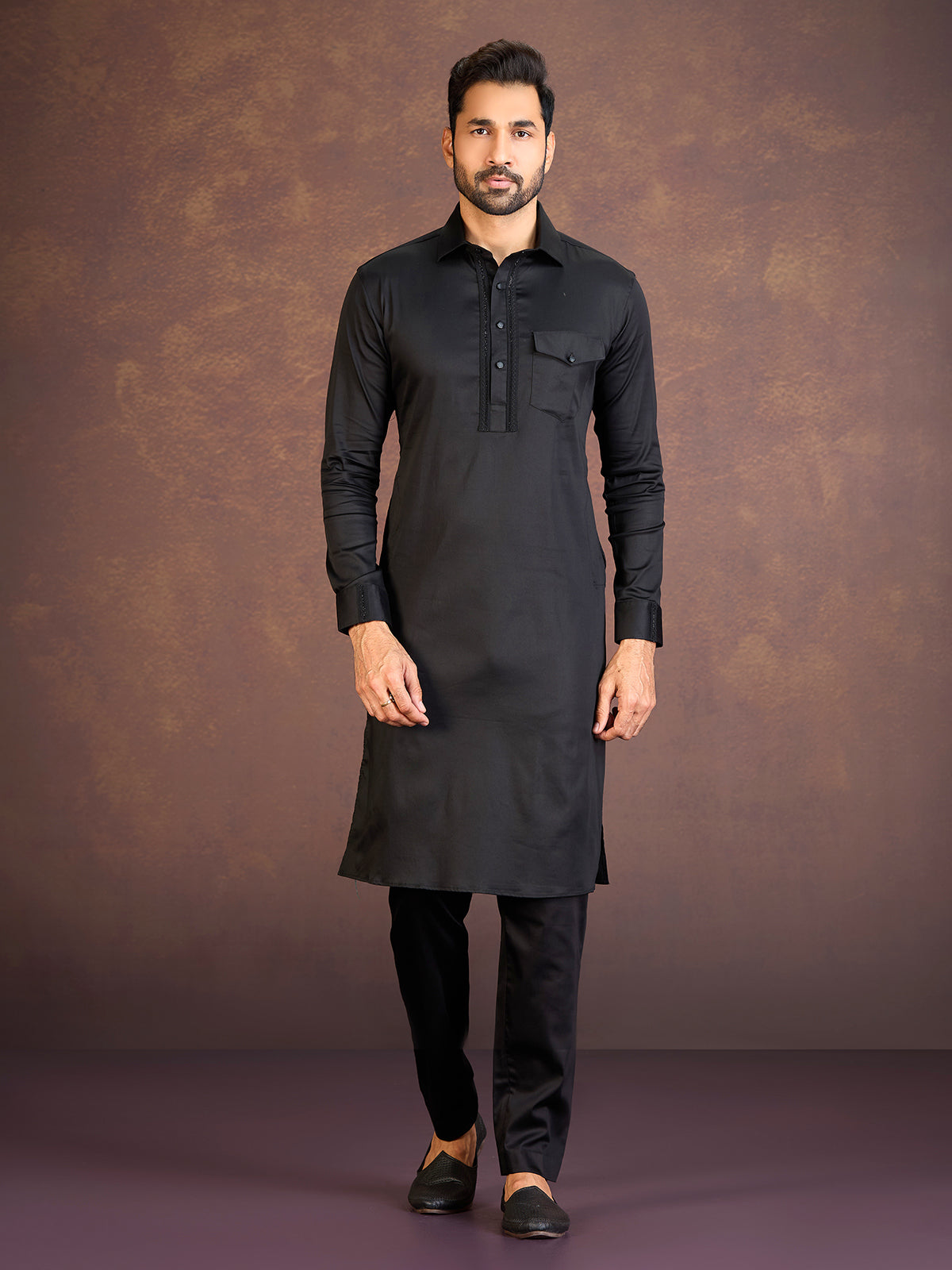 Black satin cotton lycra pathani suit with one chest pocket