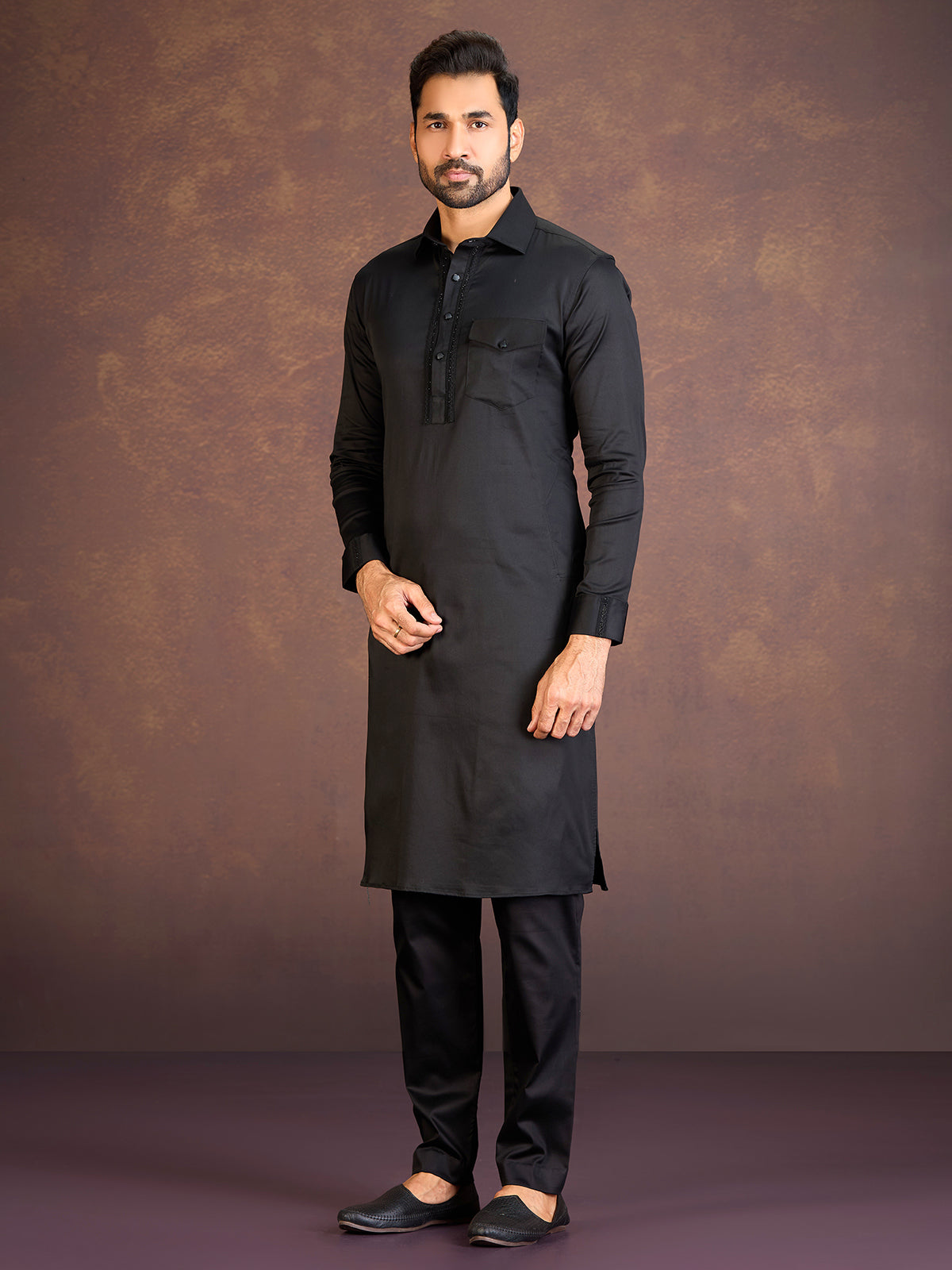 Black satin cotton lycra pathani suit with one chest pocket