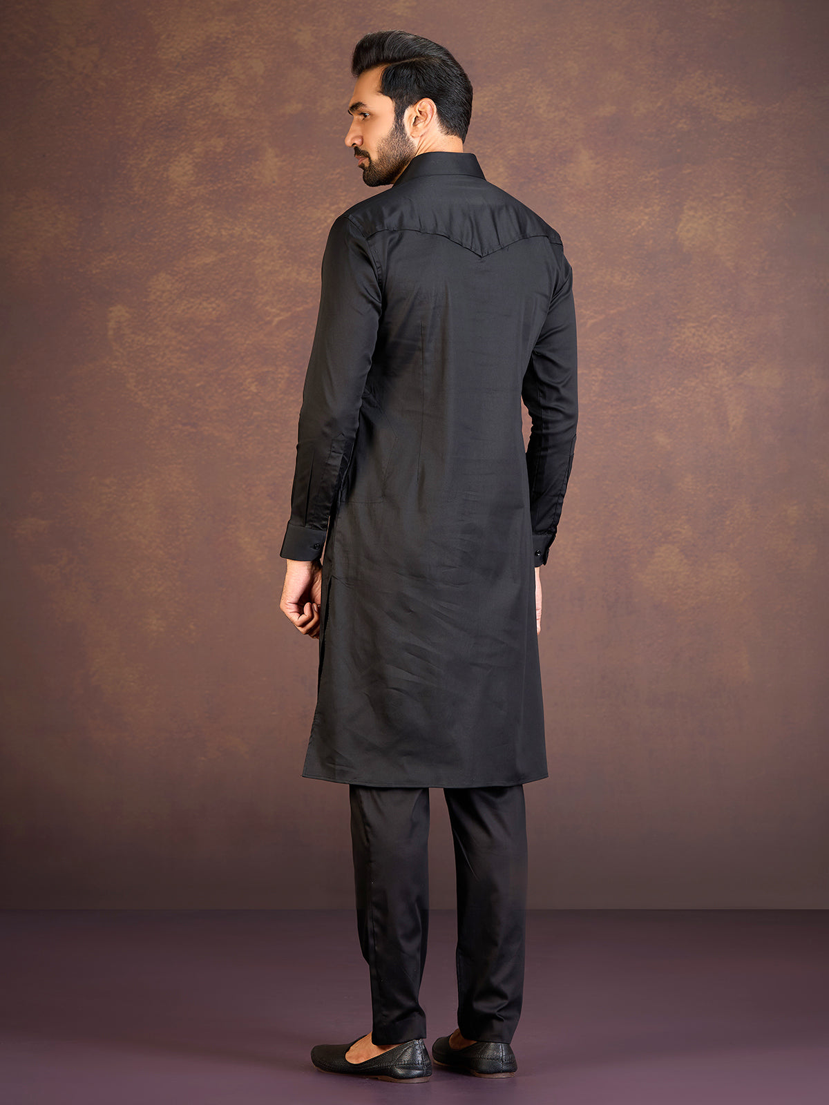 Black satin cotton lycra pathani suit with one chest pocket