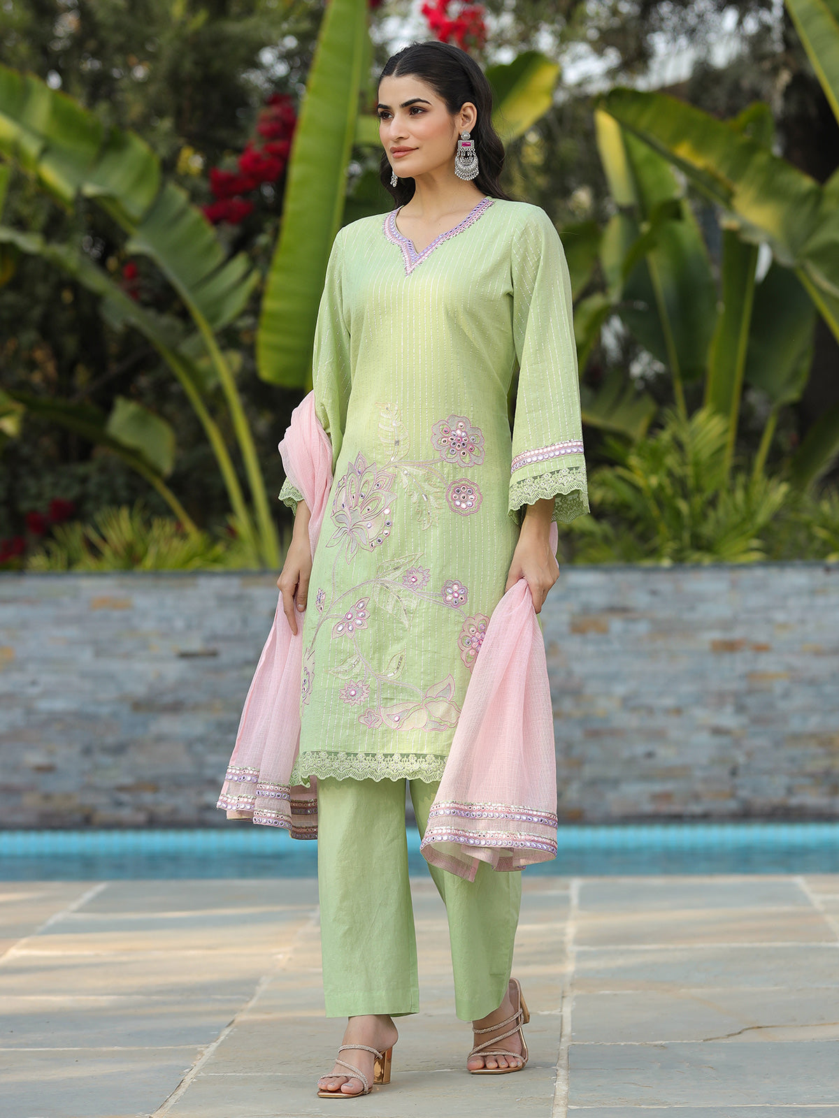 Pista green cotton silk pakistani style festive palazzo set