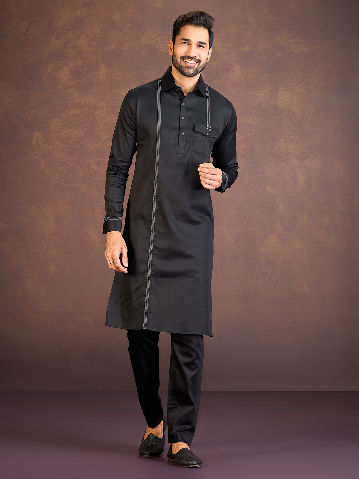 Black satin cotton lycra pathani suit for men