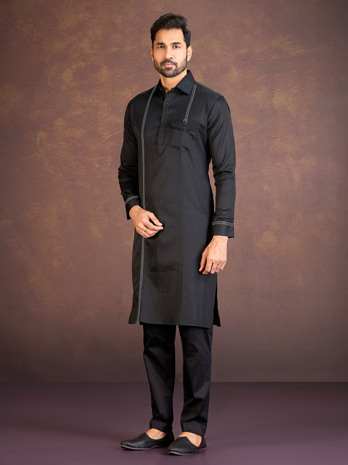 Black satin cotton lycra pathani suit for men