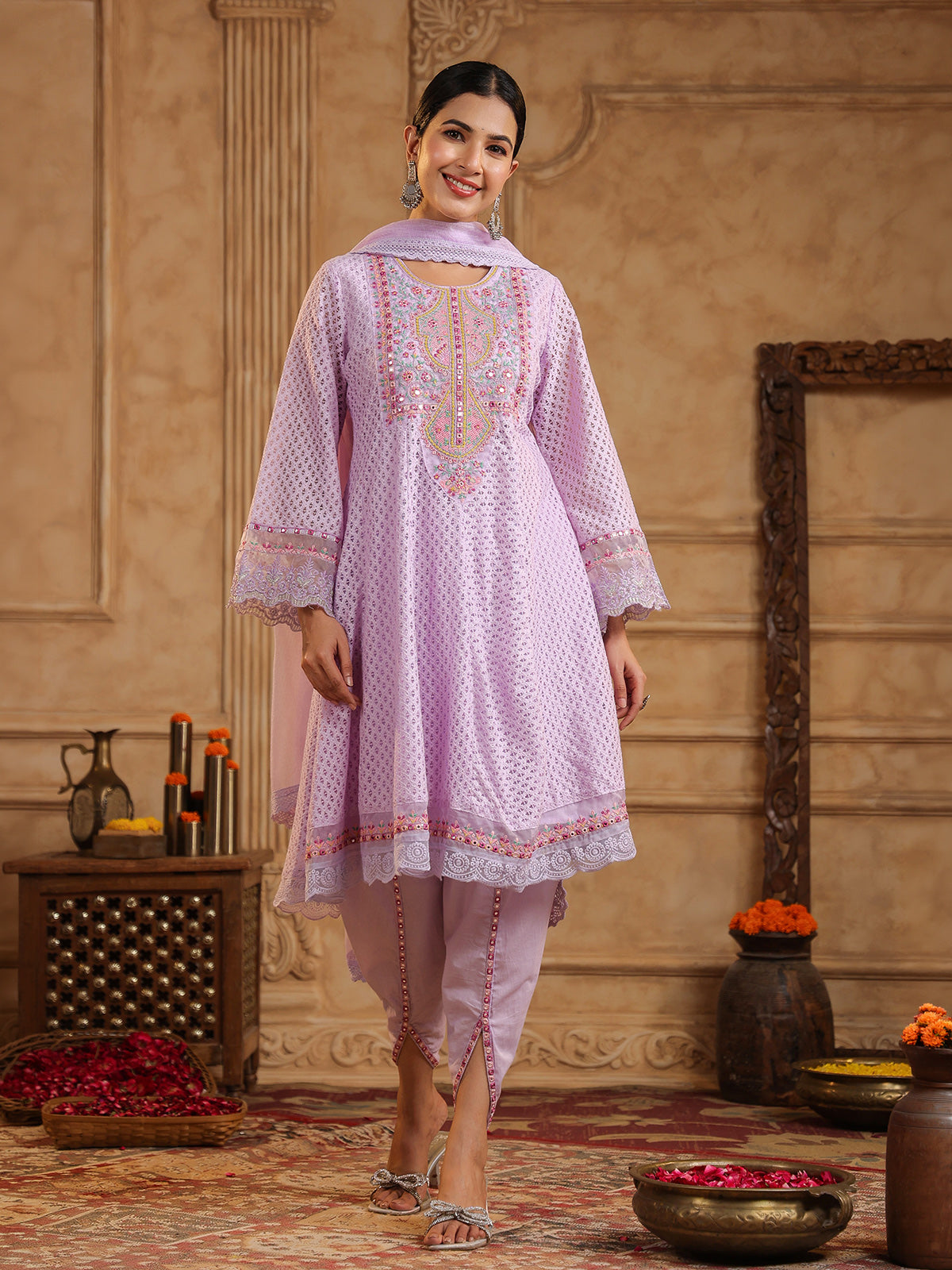 Lilac purple festive schiffli net dhoti set with dupatta