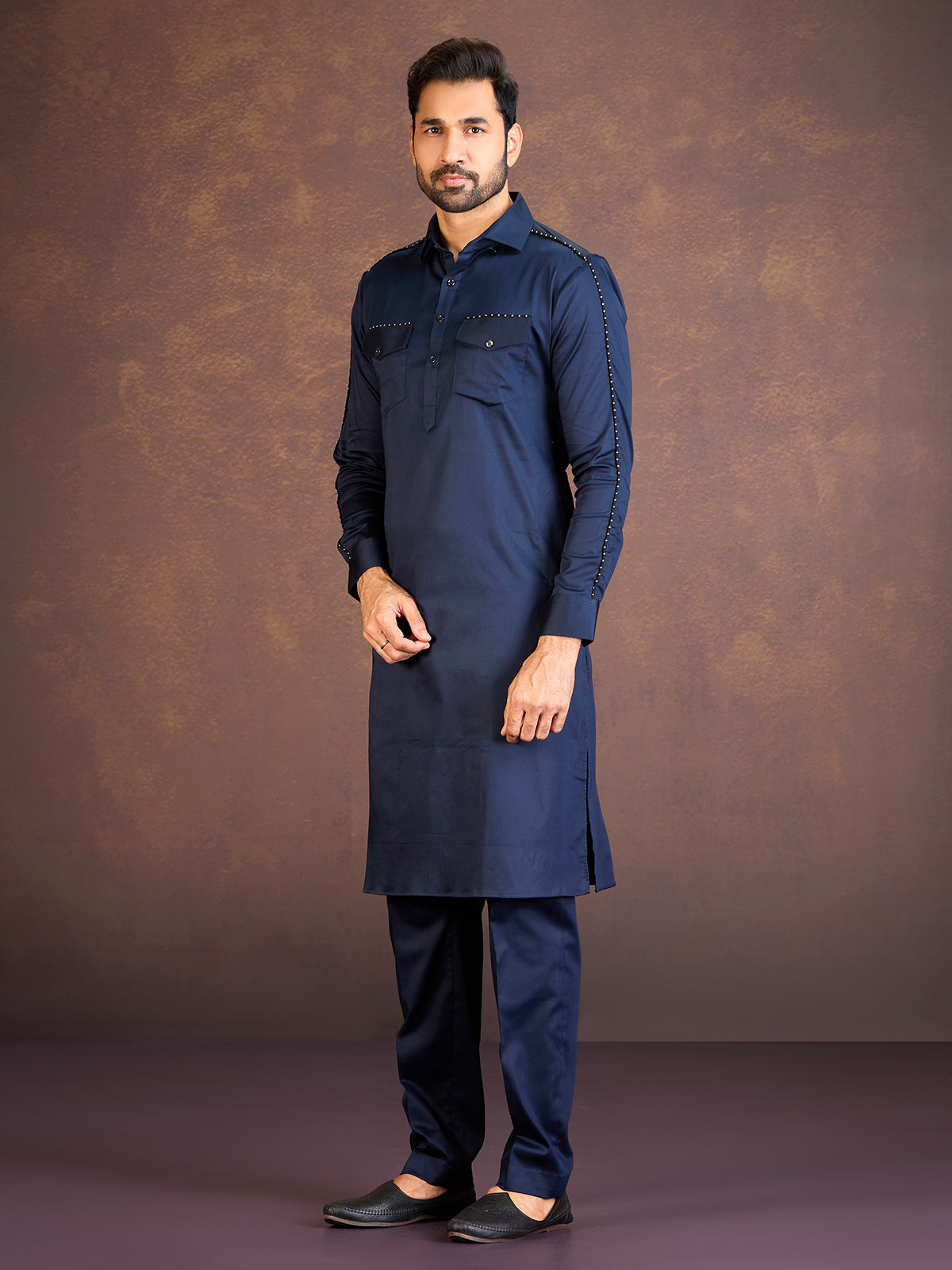 Navy satin cotton lycra pathani suit for men