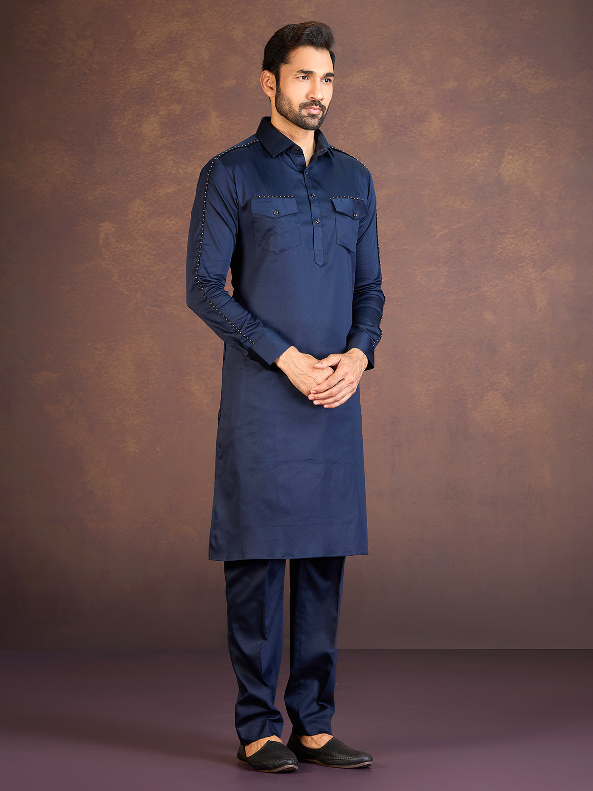 Navy satin cotton lycra pathani suit for men