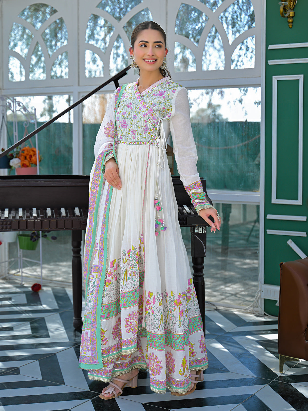 White cotton linen printed anarkali festive set with dupatta