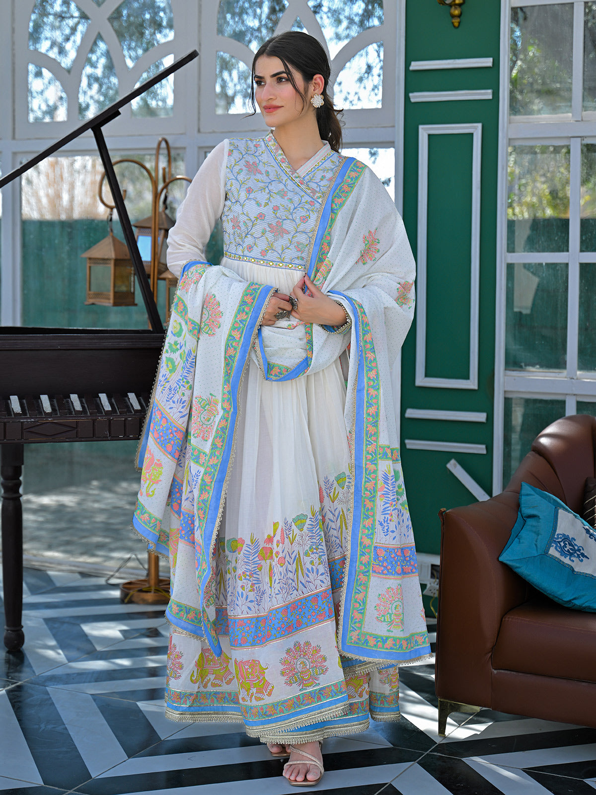 White and blue cotton linen printed anarkali festive set