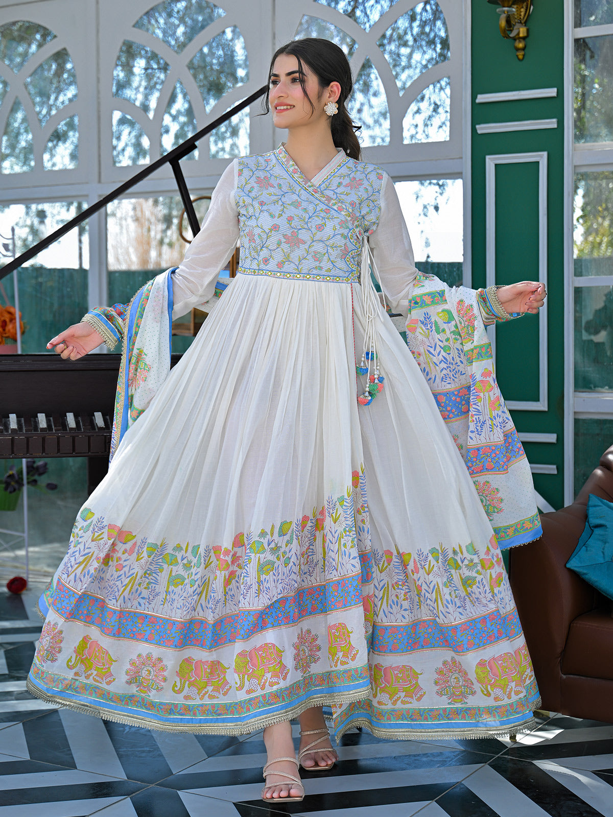 White and blue cotton linen printed anarkali festive set