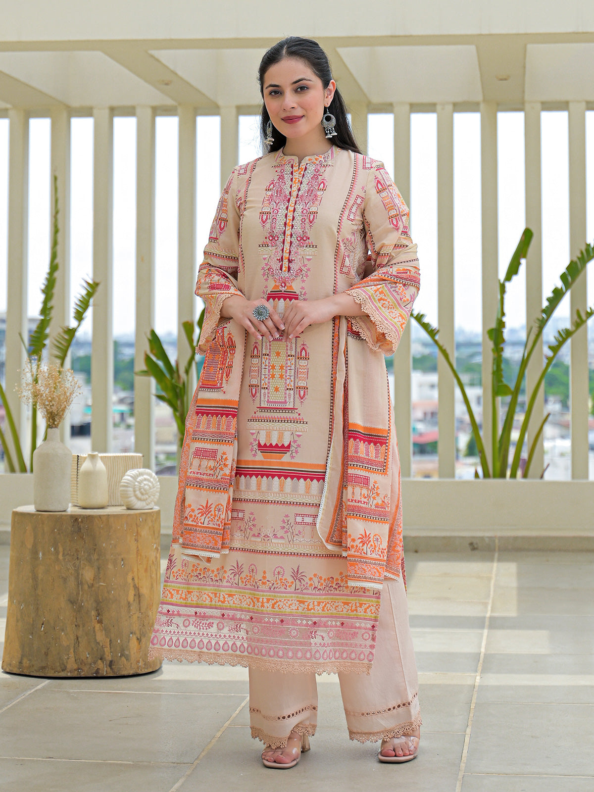Beige silk printed festive palazzo set with dupatta