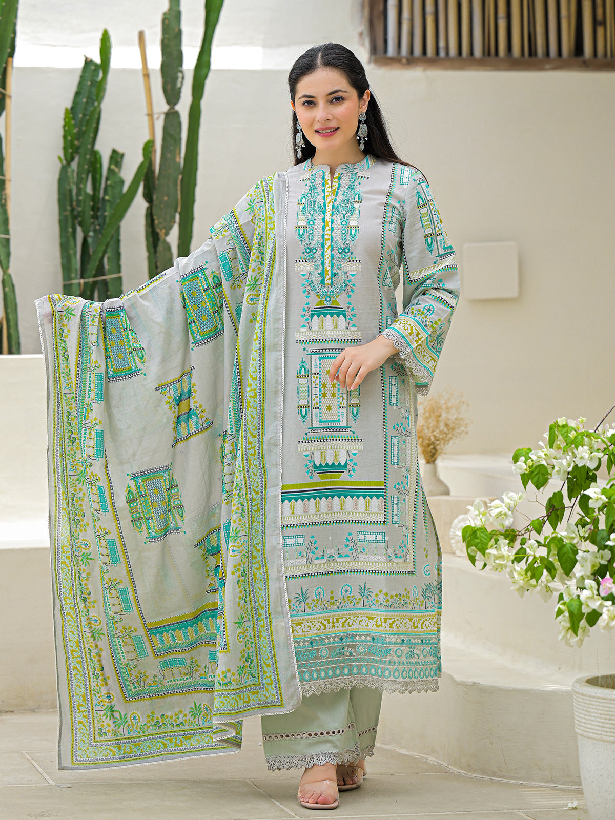 Light grey silk printed festive palazzo set with dupatta