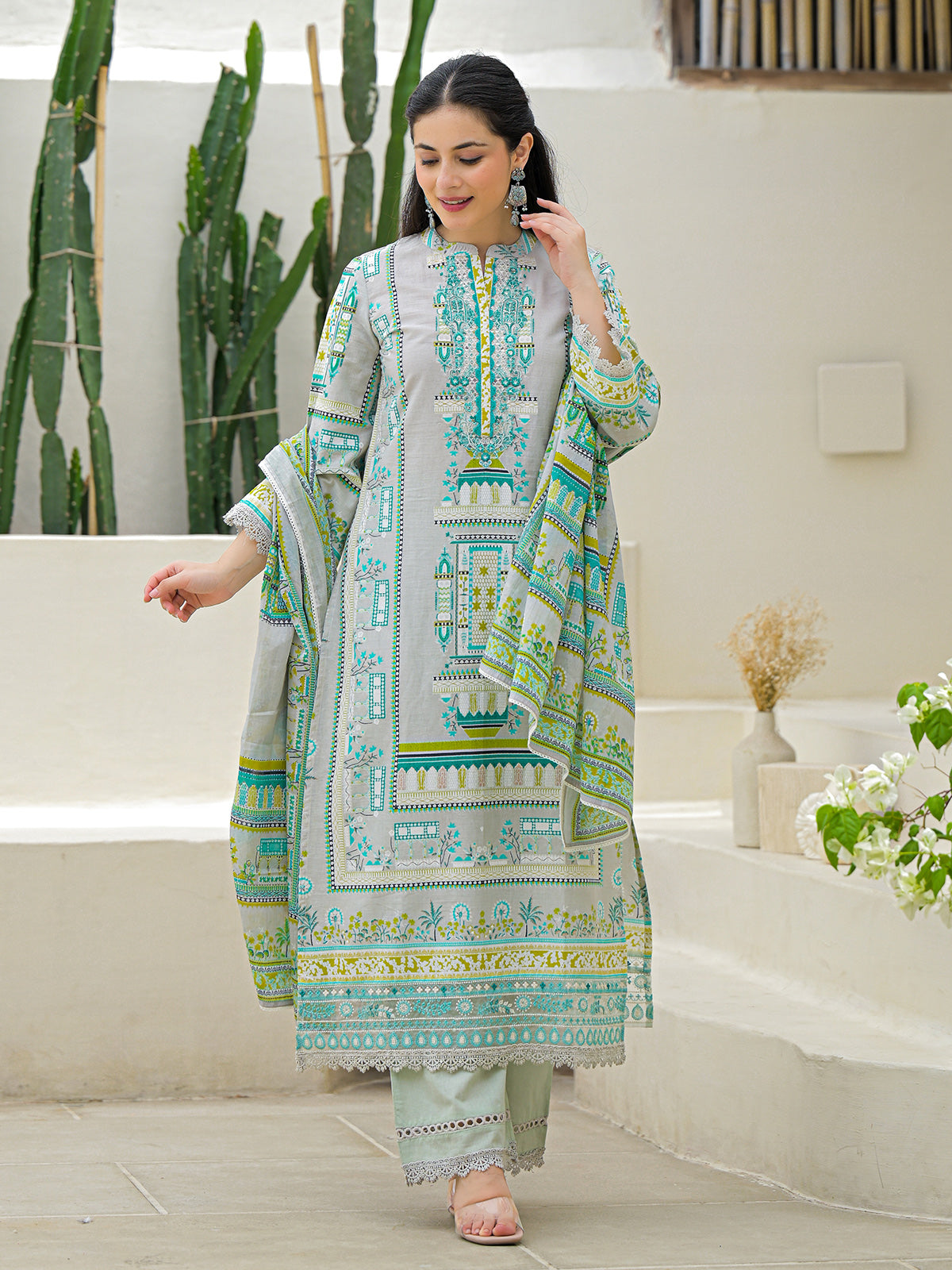 Light grey silk printed festive palazzo set with dupatta