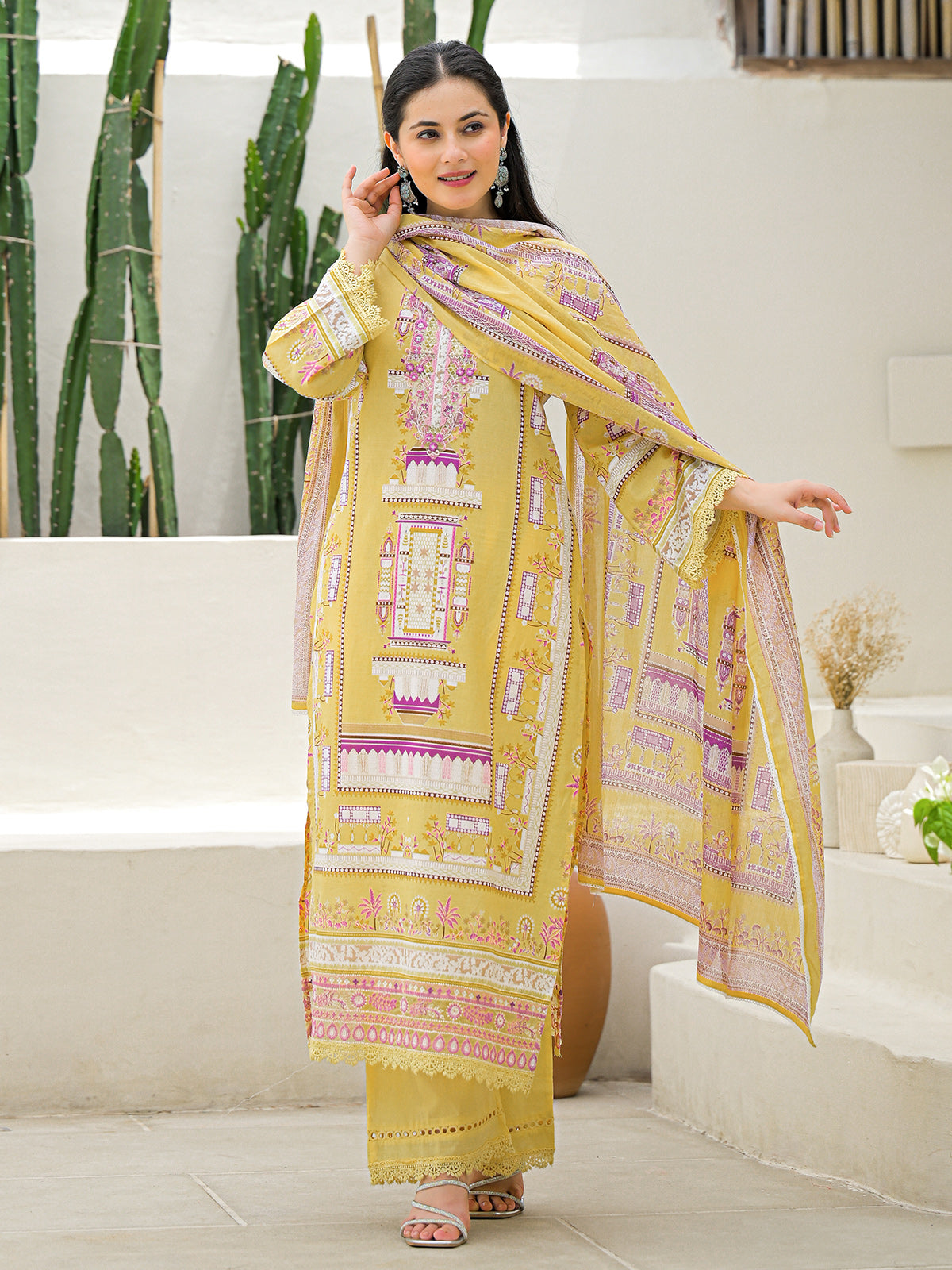 Mustard yellow silk printed festive palazzo set with dupatta