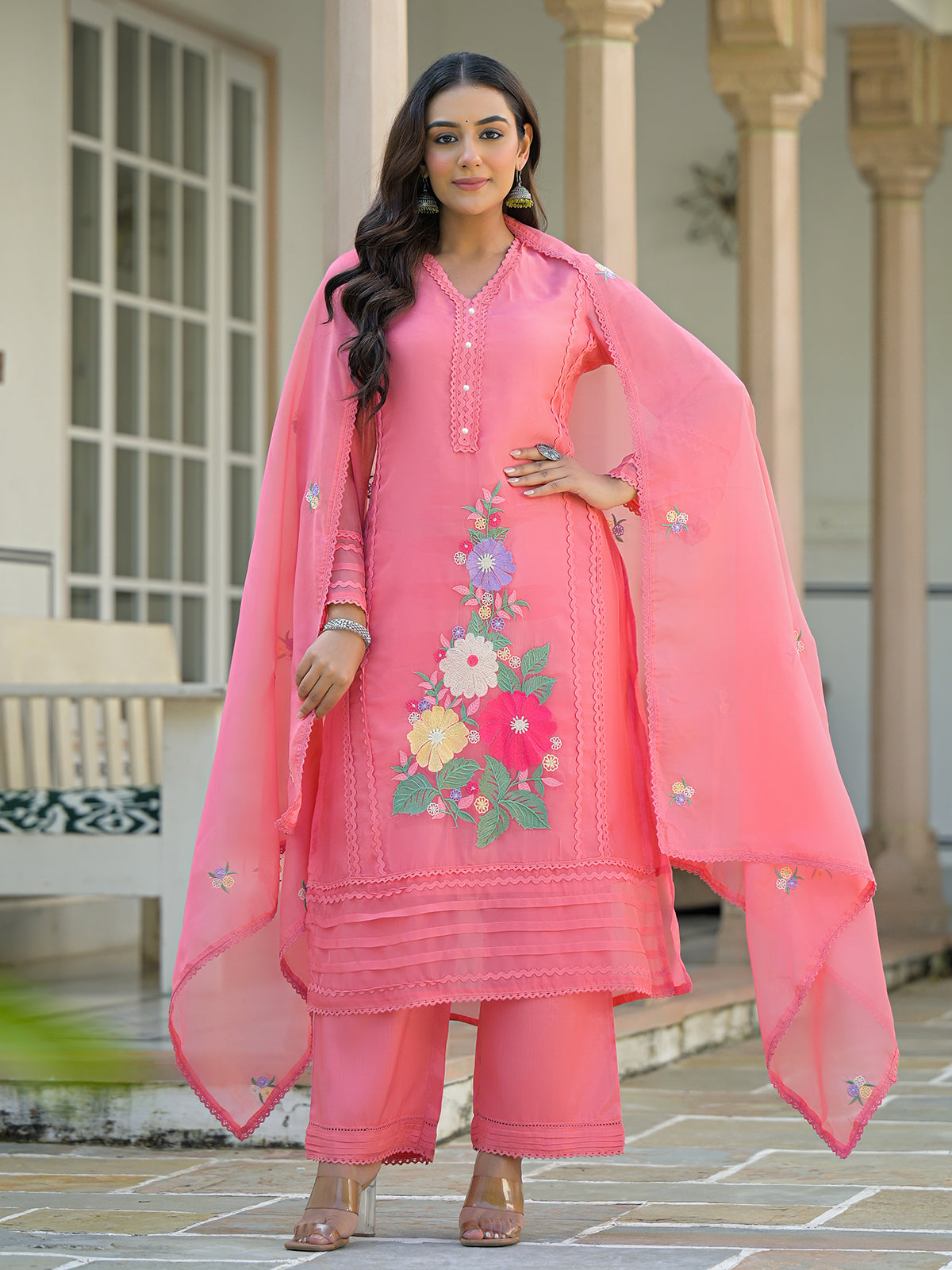 Pink tissue silk festive palazzo set with dupatta