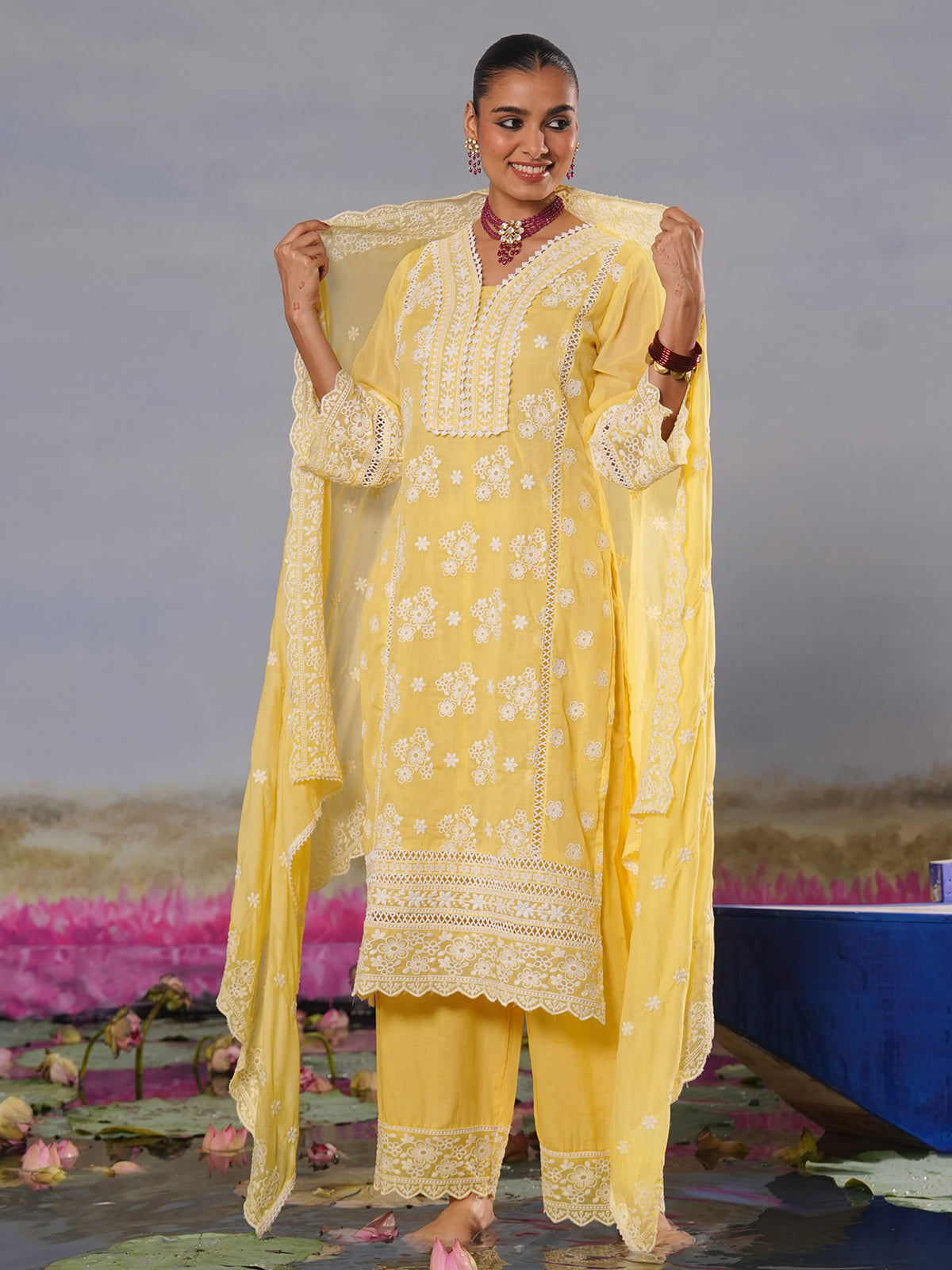 Mustard yellow modal silk chikankari haldi kurti palazzo set
