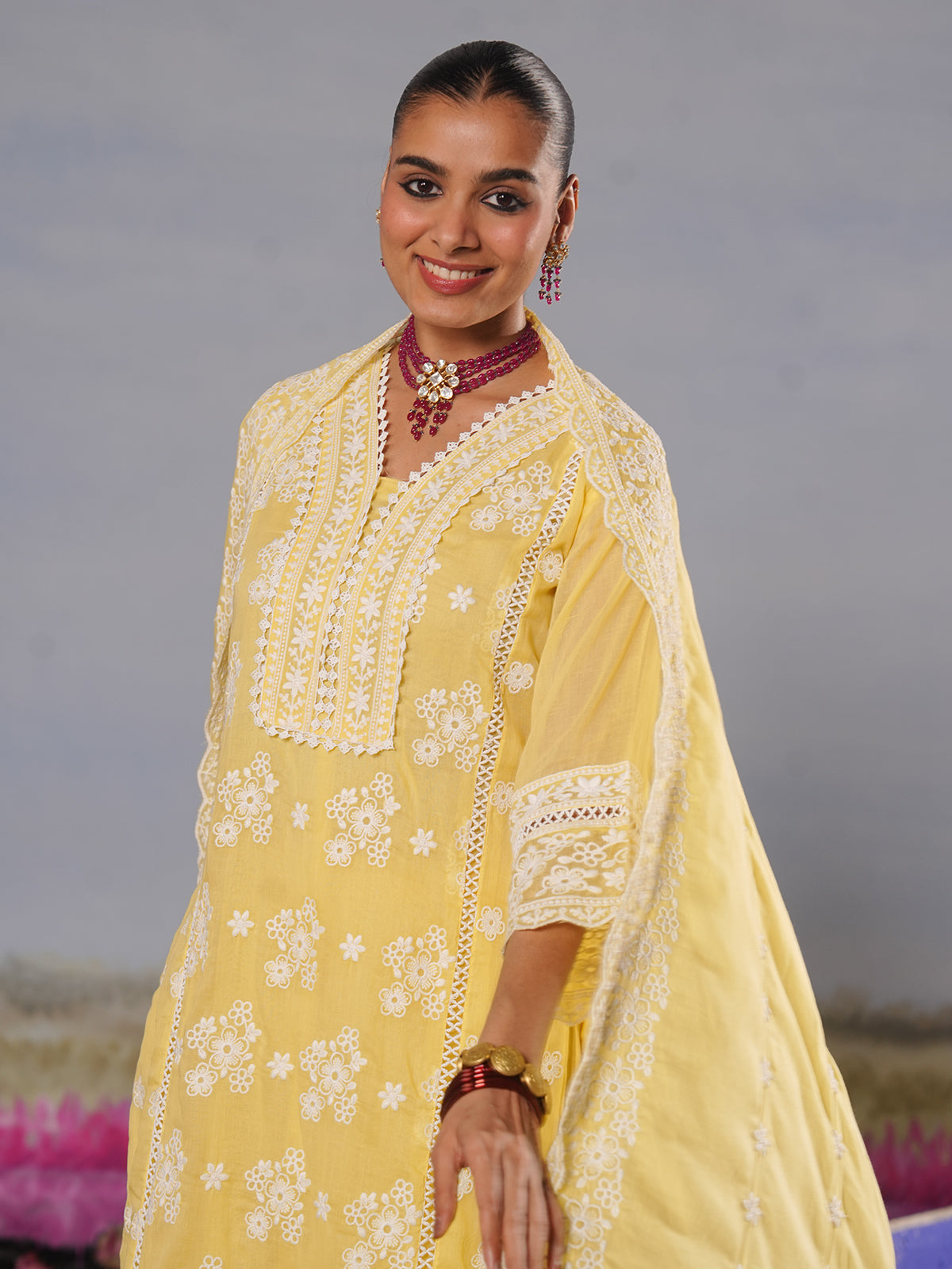 Mustard yellow modal silk chikankari haldi kurti palazzo set