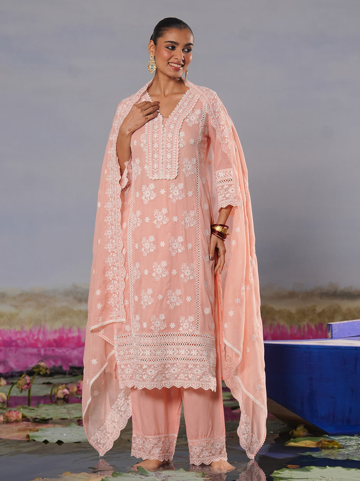 Peach modal silk chikankari embroidered festive kurti set