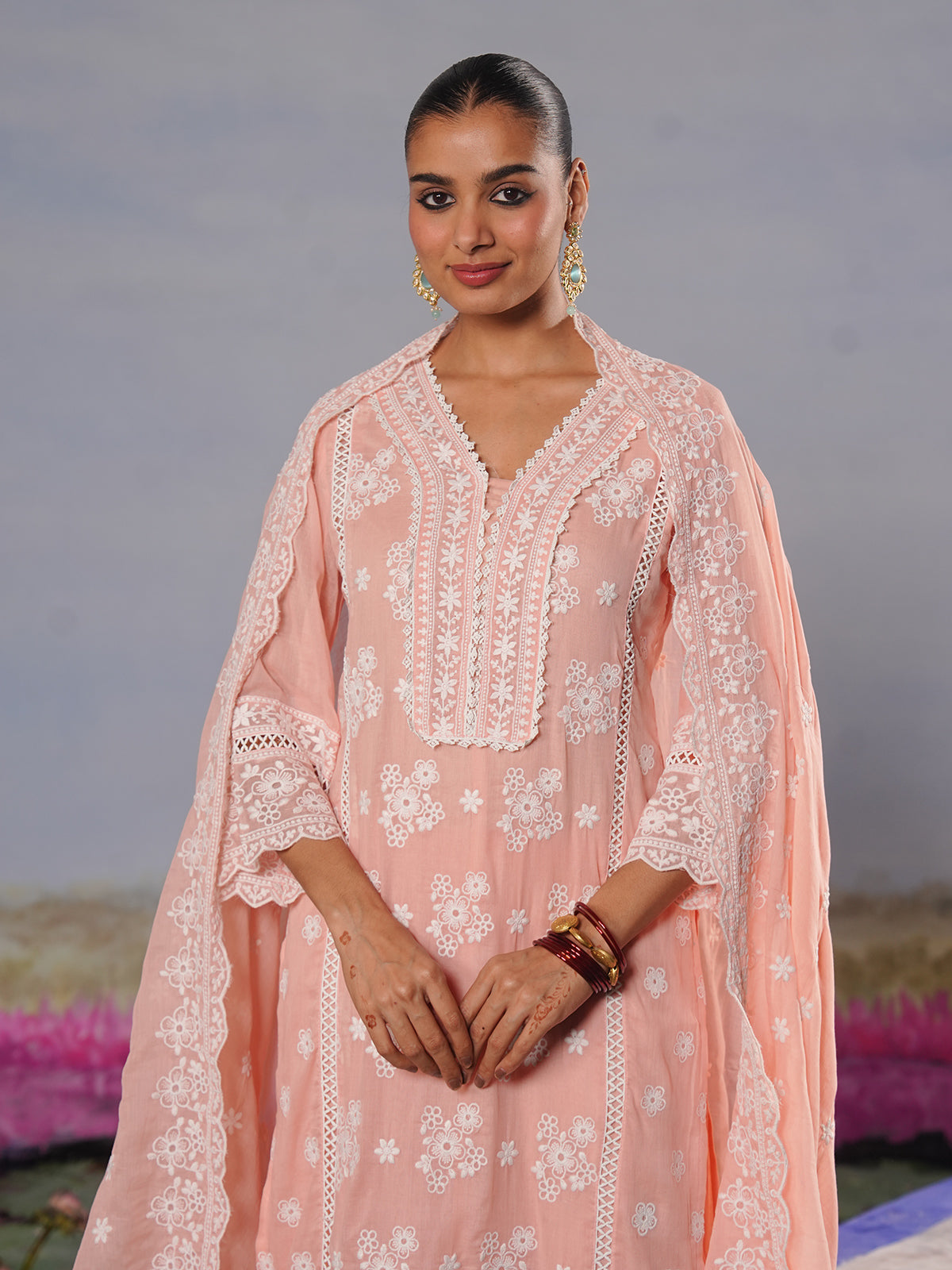 Peach modal silk chikankari embroidered festive kurti set