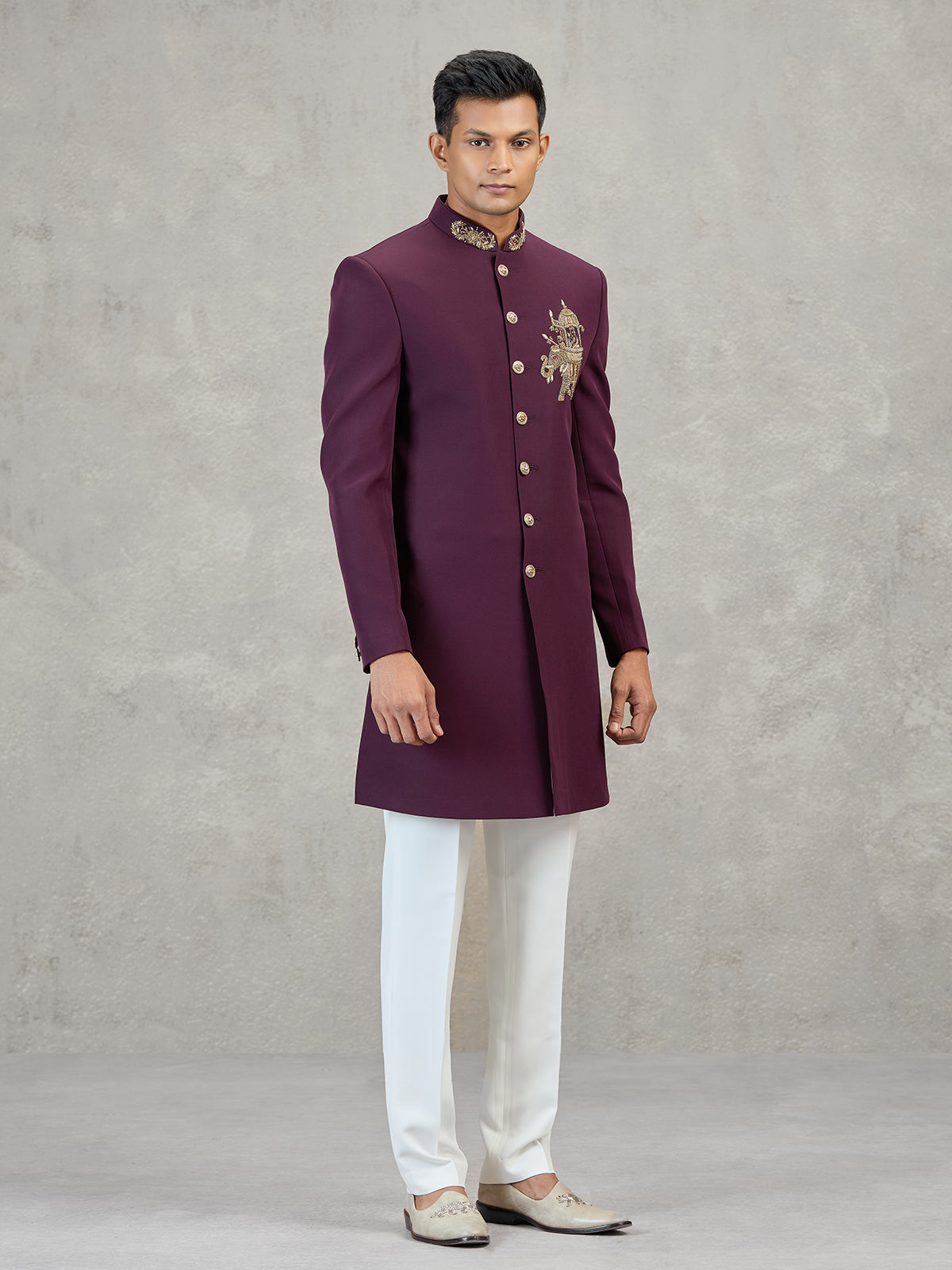 Maroon terry rayon embellished festive indowestern set