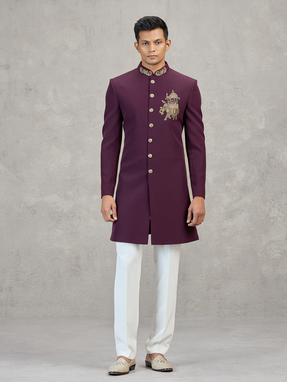 Maroon terry rayon embellished festive indowestern set