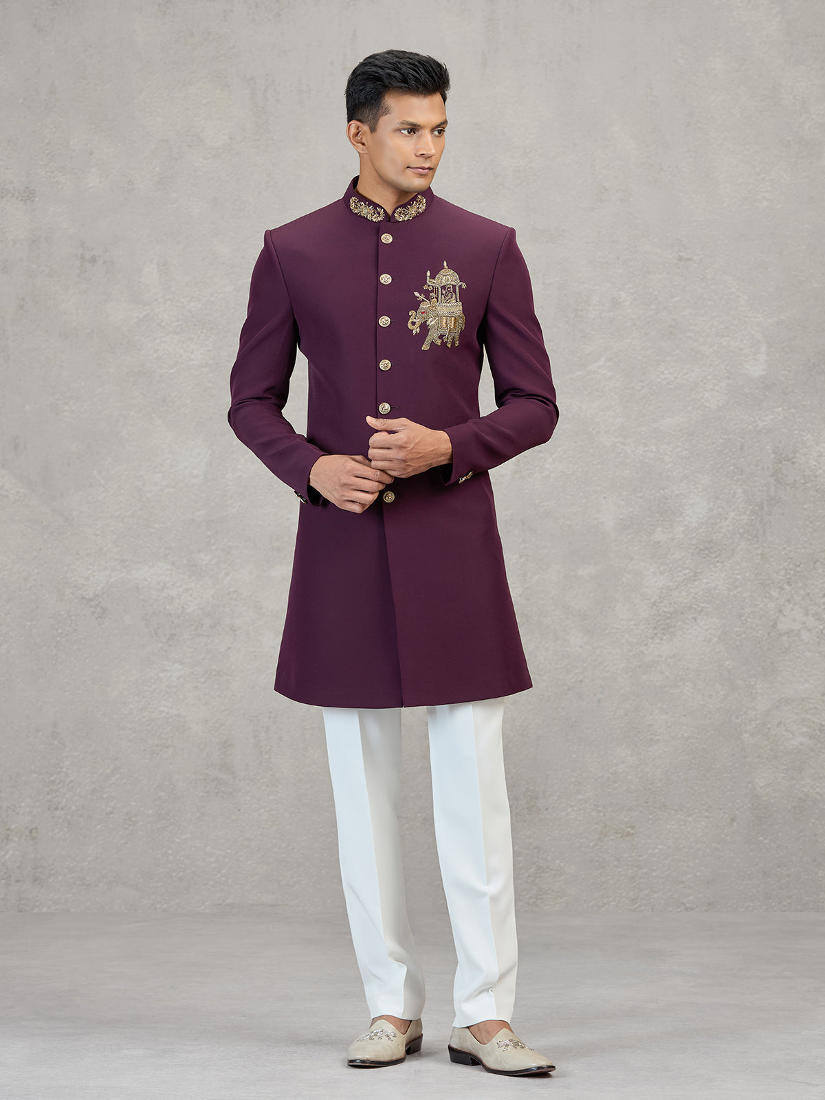 Maroon terry rayon embellished festive indowestern set
