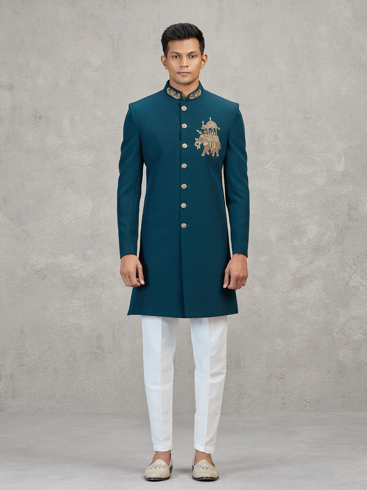 Teal blue terry rayon modern designer indowestern set