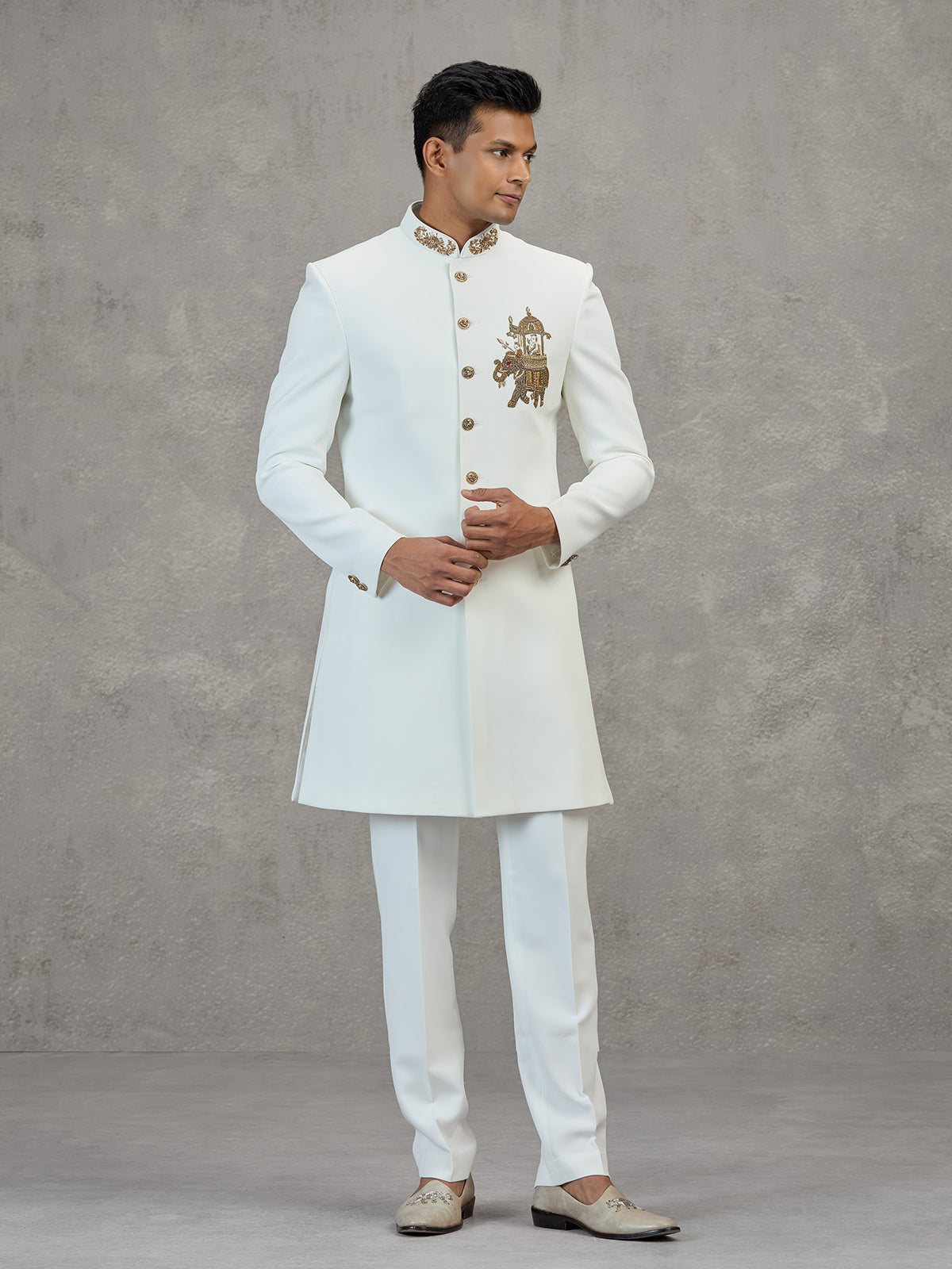 White terry rayon elegant wedding indowestern ensemble