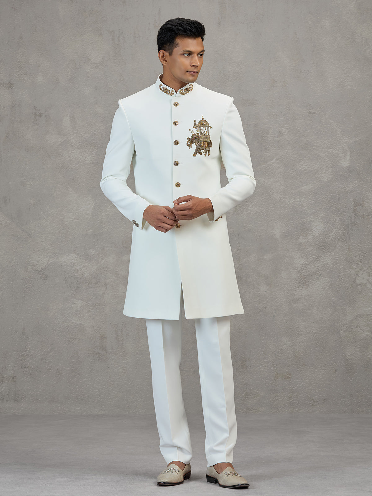 White terry rayon elegant wedding indowestern ensemble