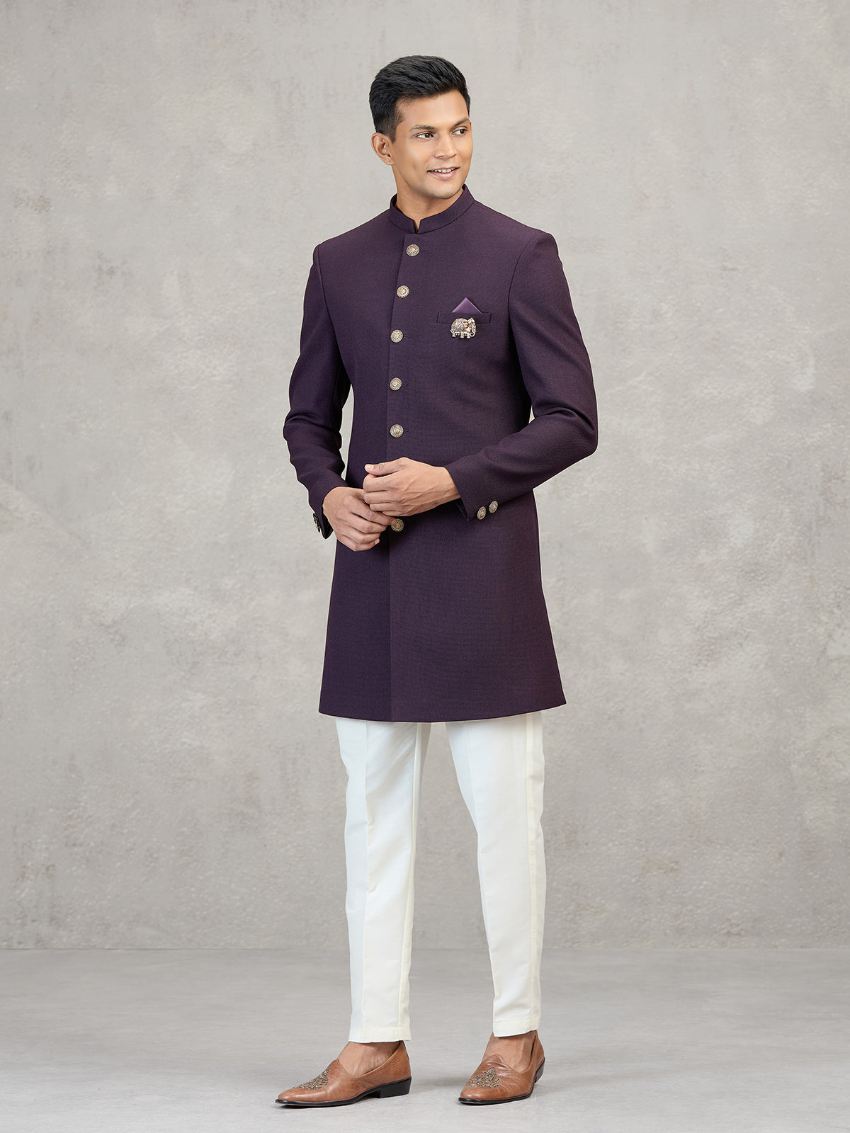 Wine jute elephant brooch occasion wear indowestern set