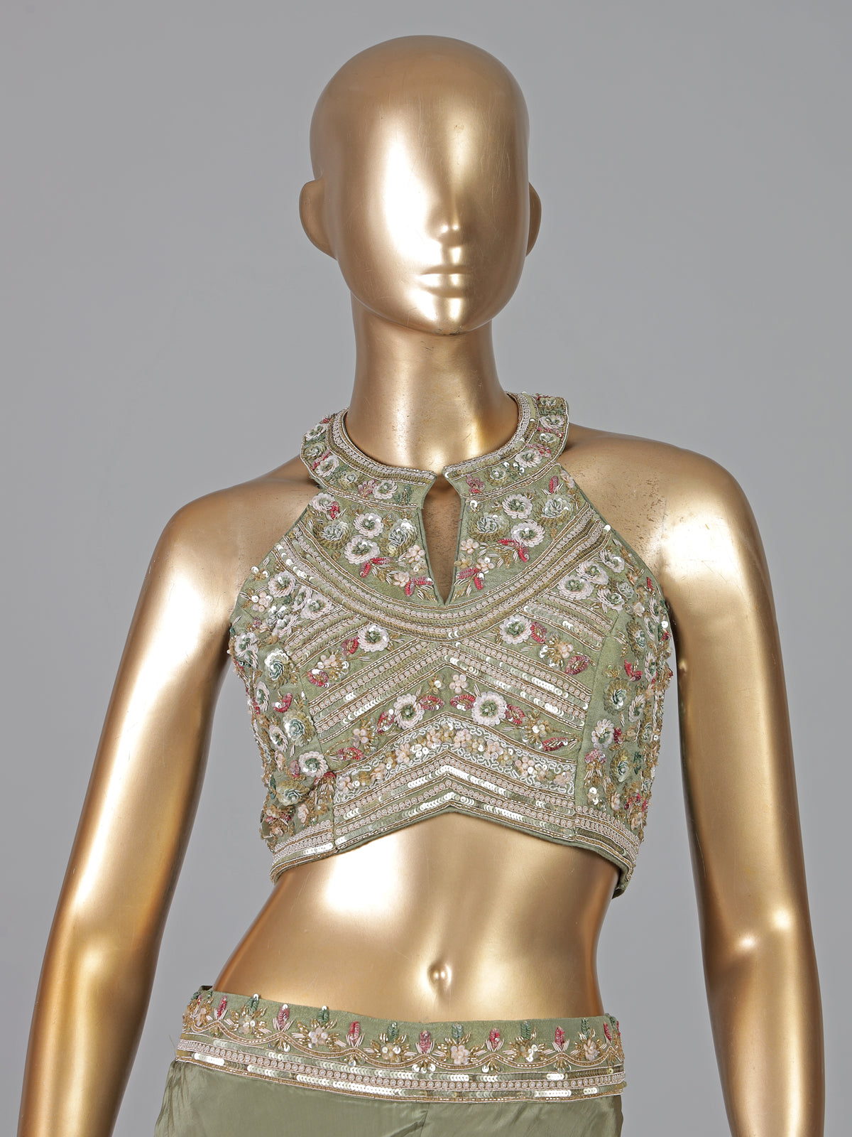 Pista green satin silk pearl festive palazzo suit