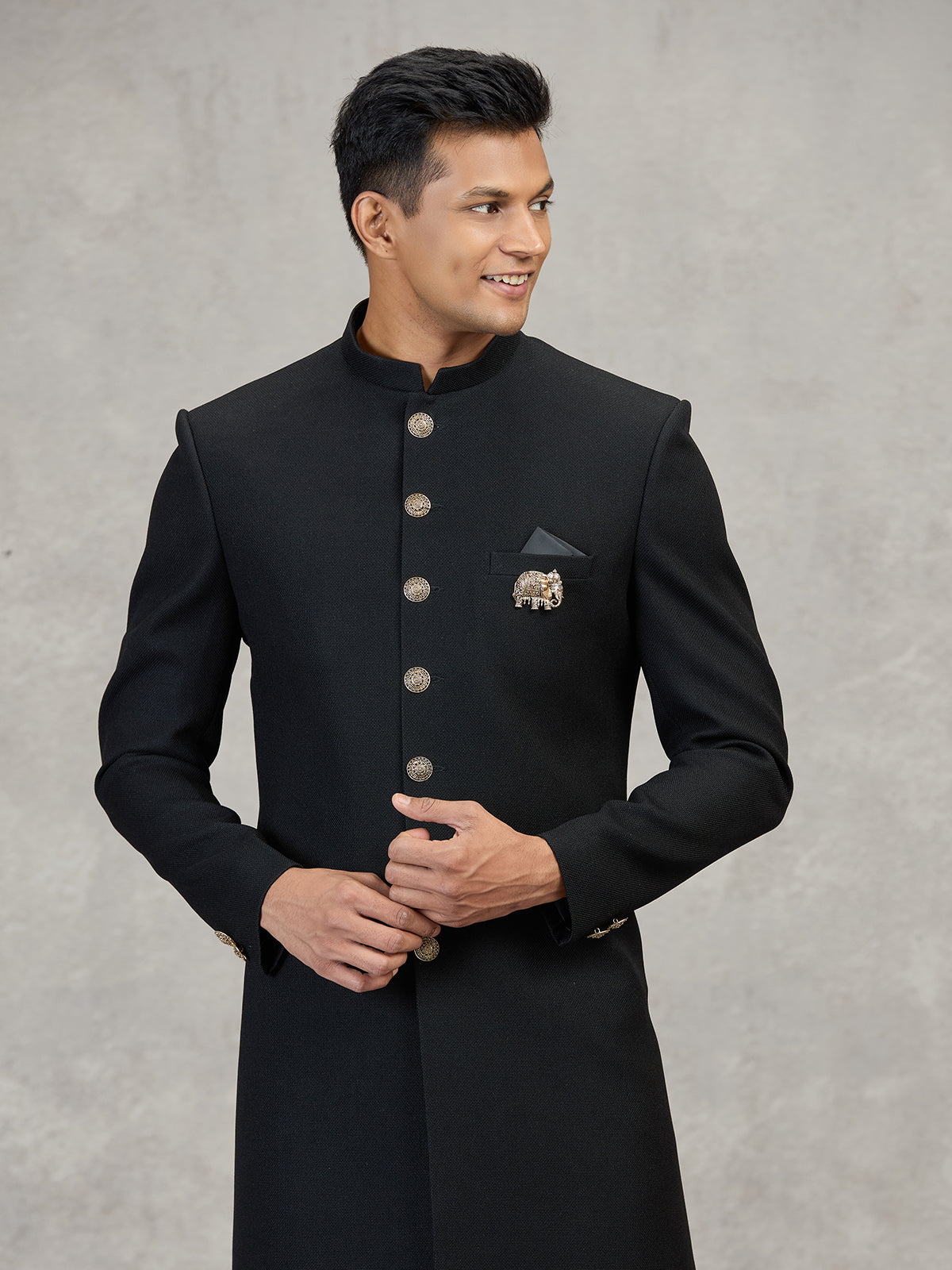 Black jute elephant brooch timeless classic indowestern set