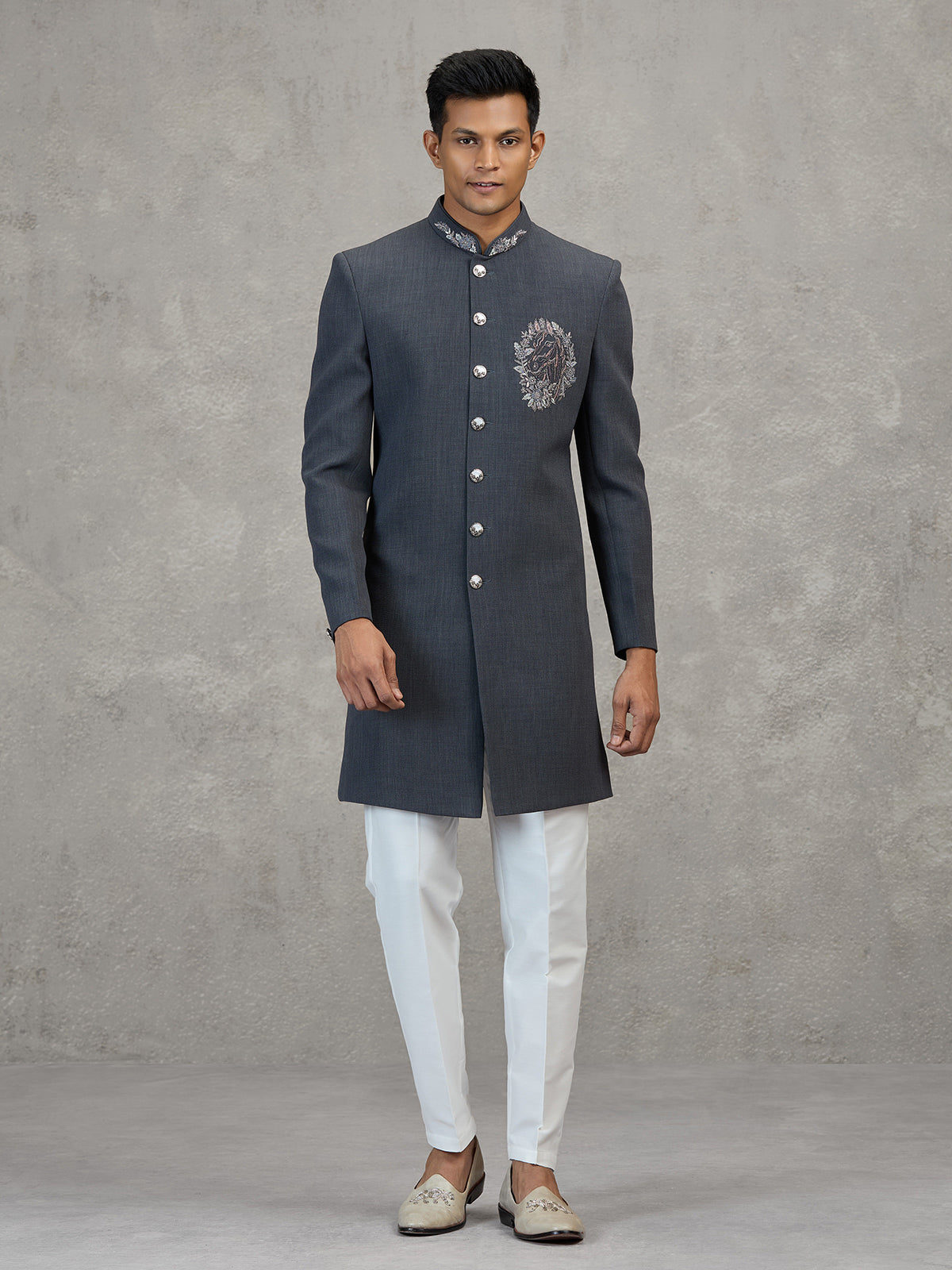 Grey terry rayon refined wedding indowestern ensemble
