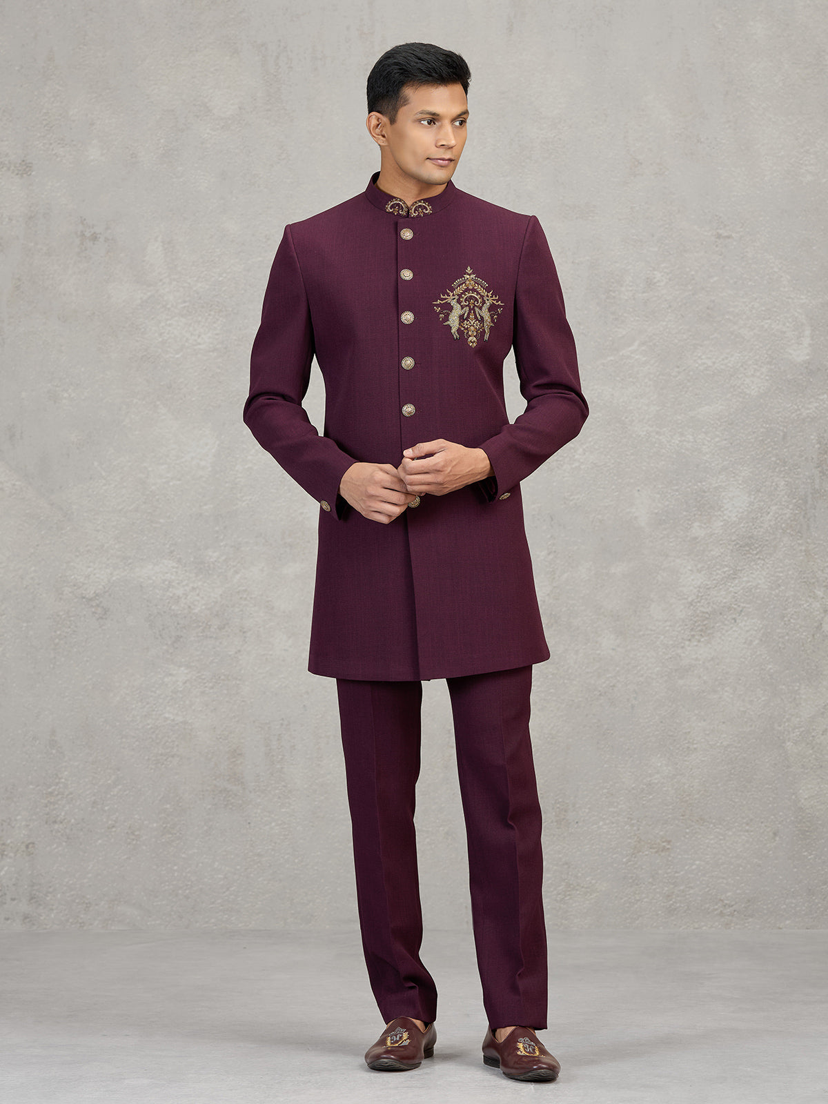 Maroon terry rayon elegant reception indowestern set
