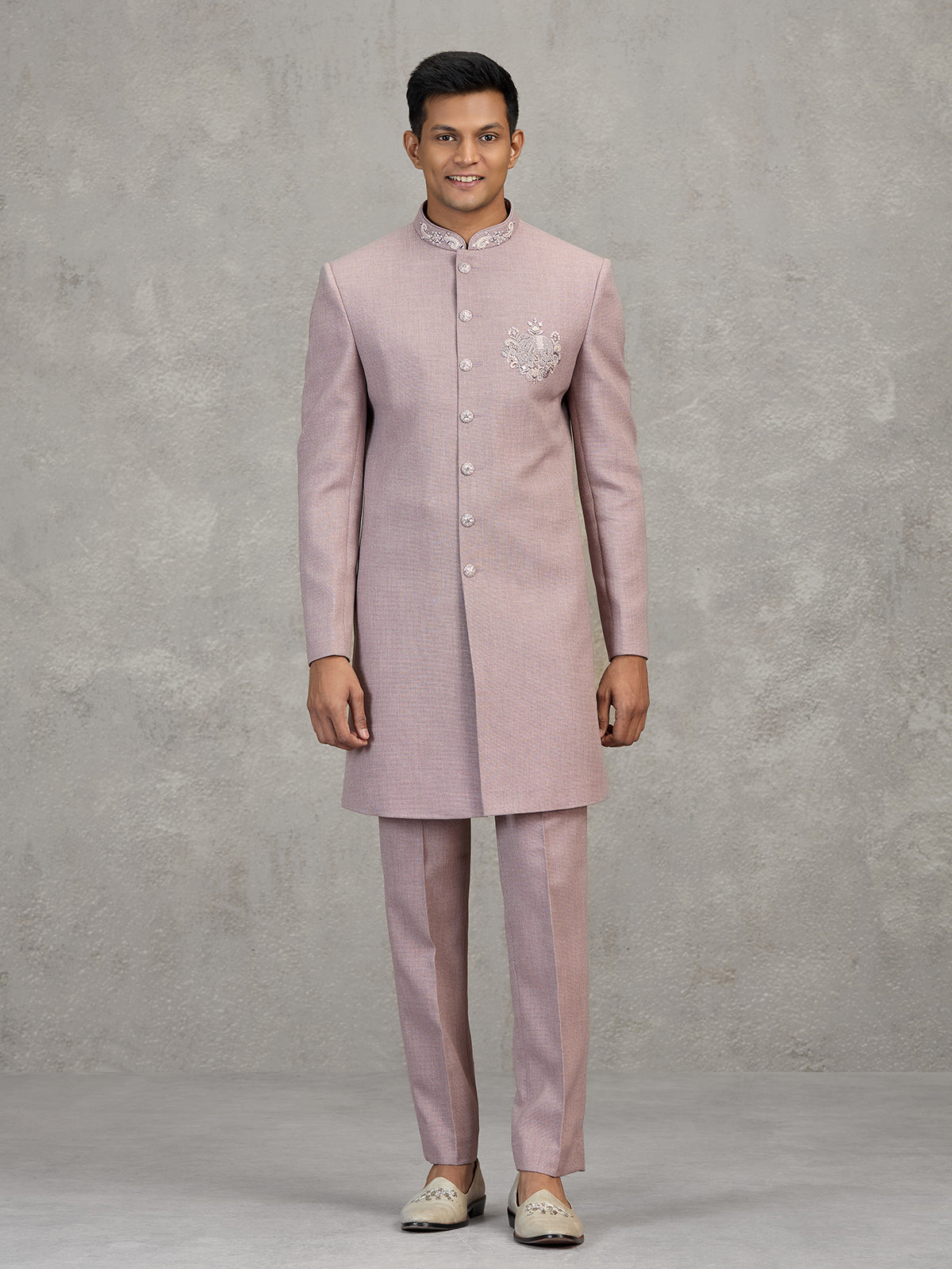 Pink jute elephant motif festive embellished indowestern set