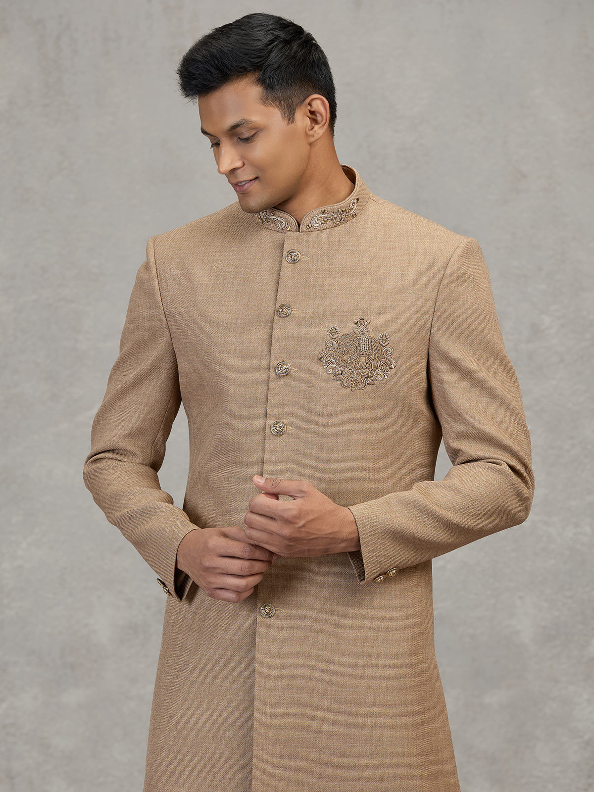 Gold jute elephant motif luxurious wedding indowestern set