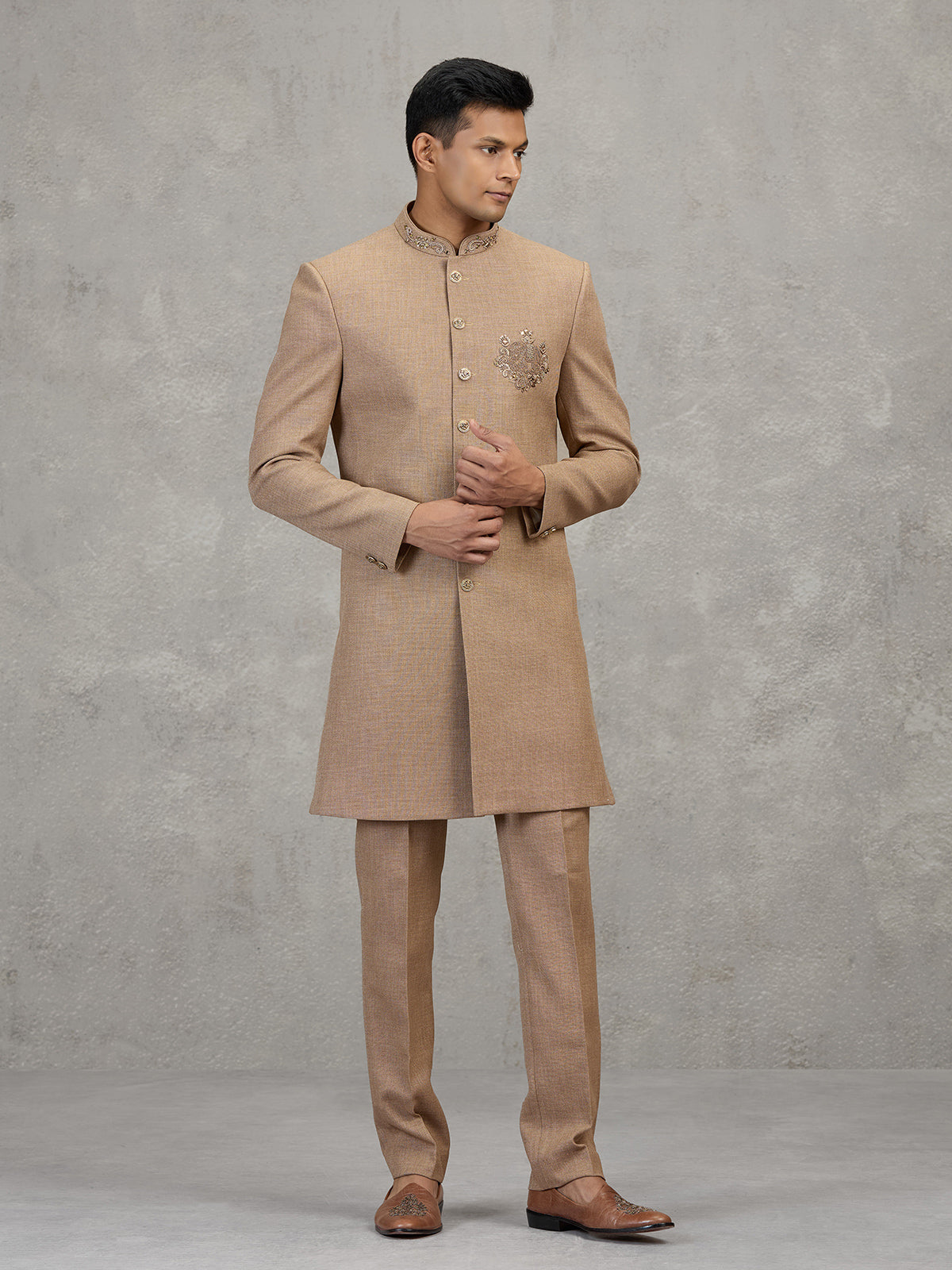 Gold jute elephant motif luxurious wedding indowestern set