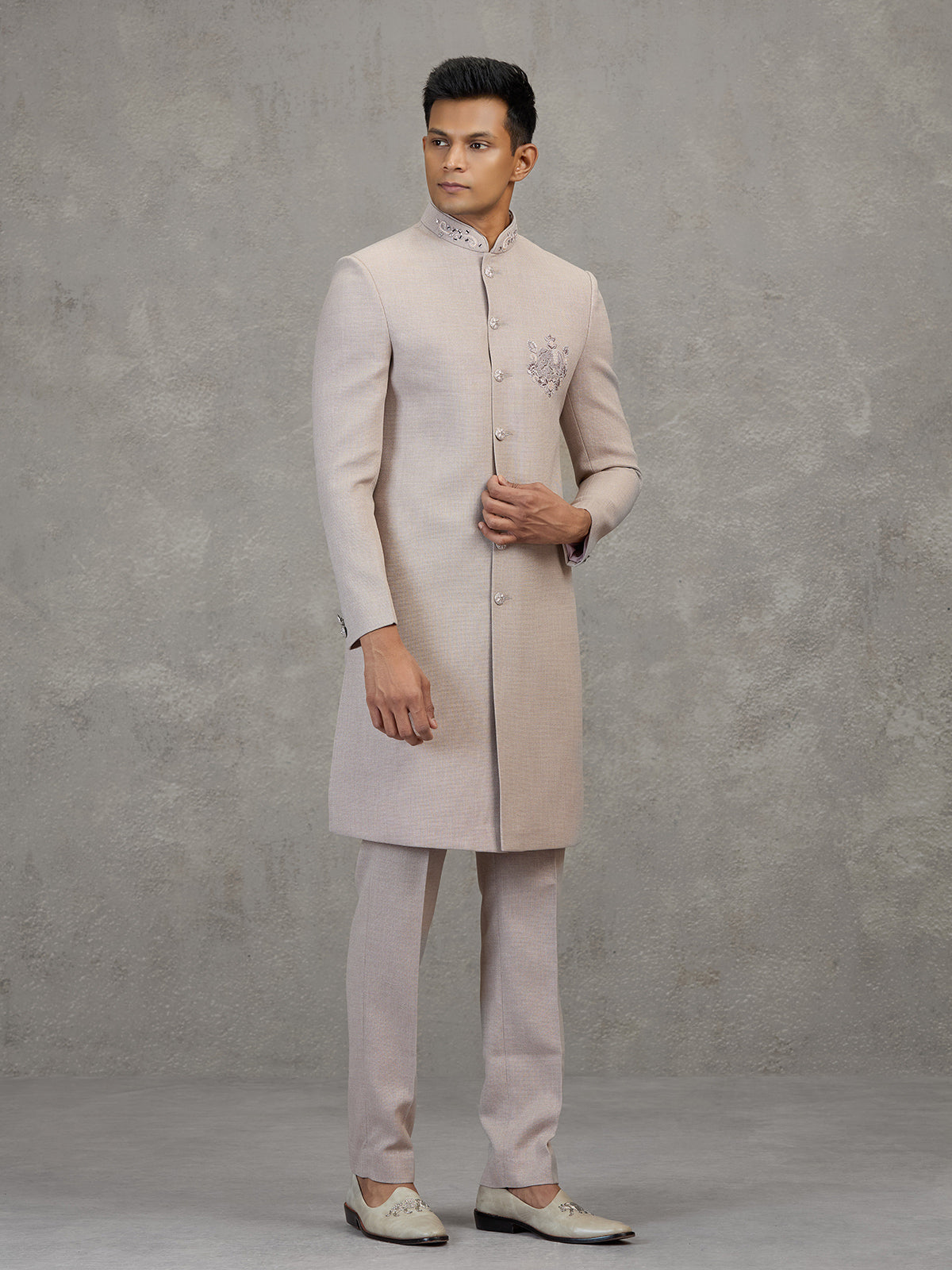 Peach jute elephant motif soft designer indowestern set