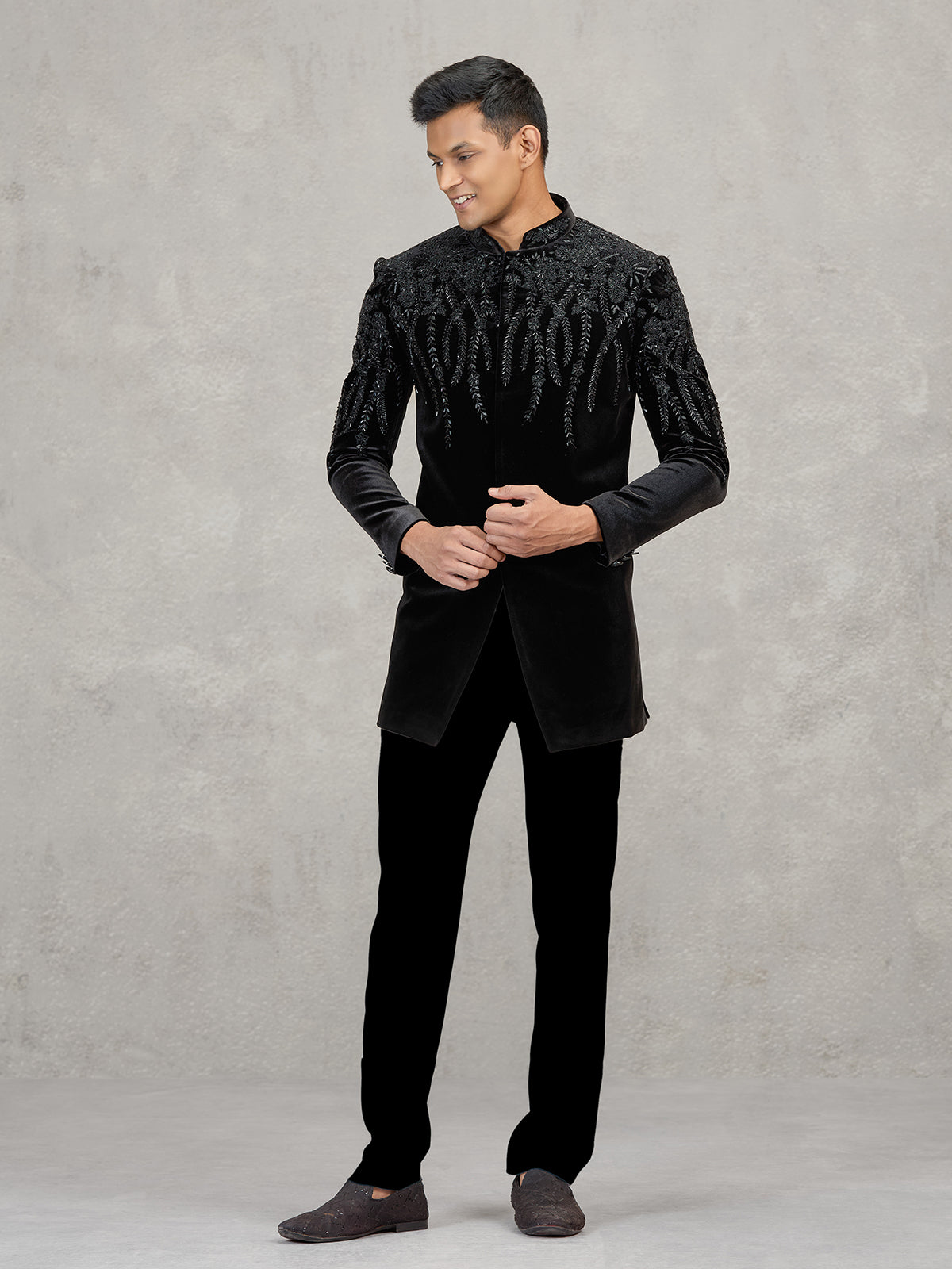 Black velvet indowestern set for party wear