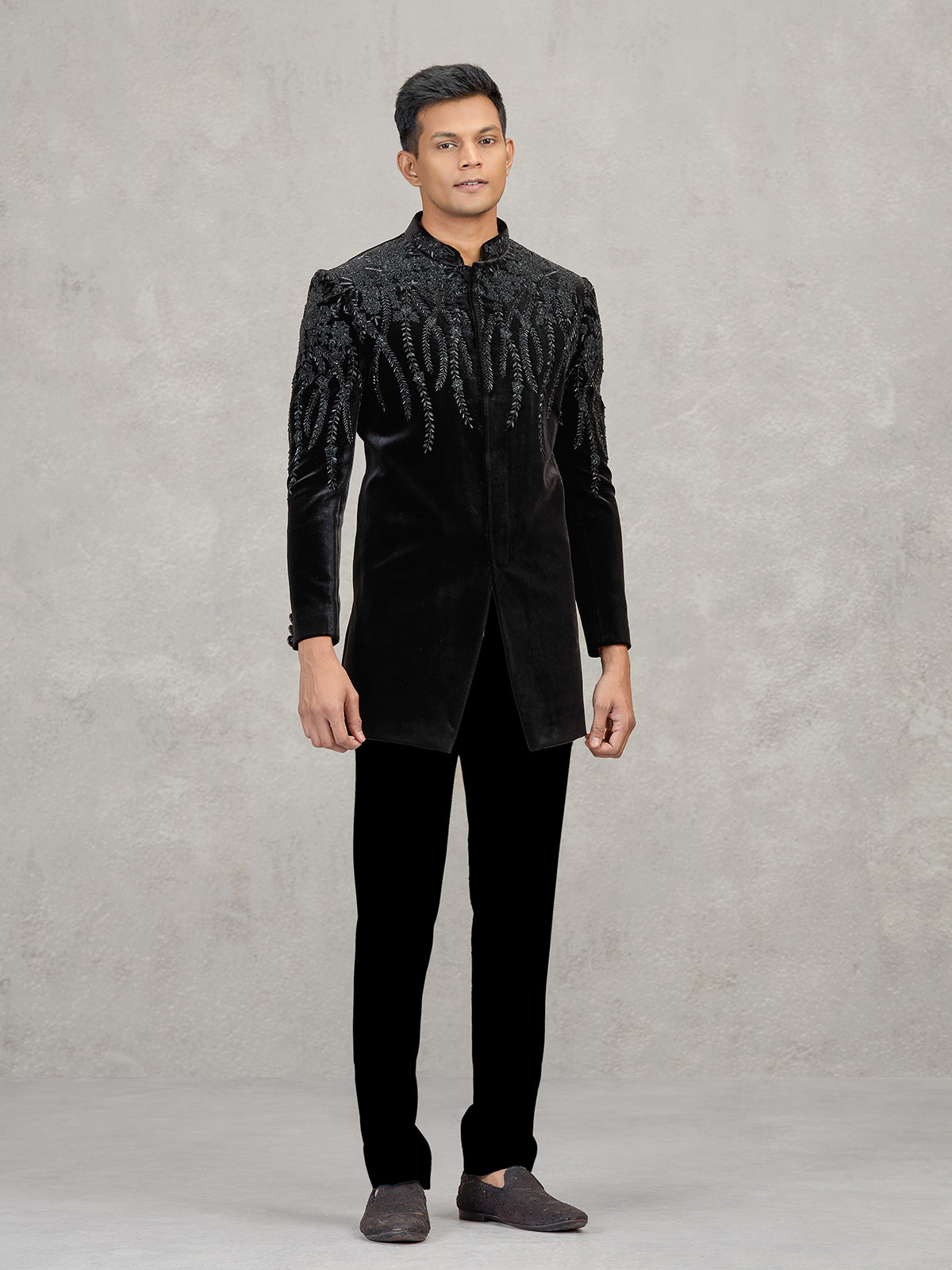Black velvet indowestern set for party wear