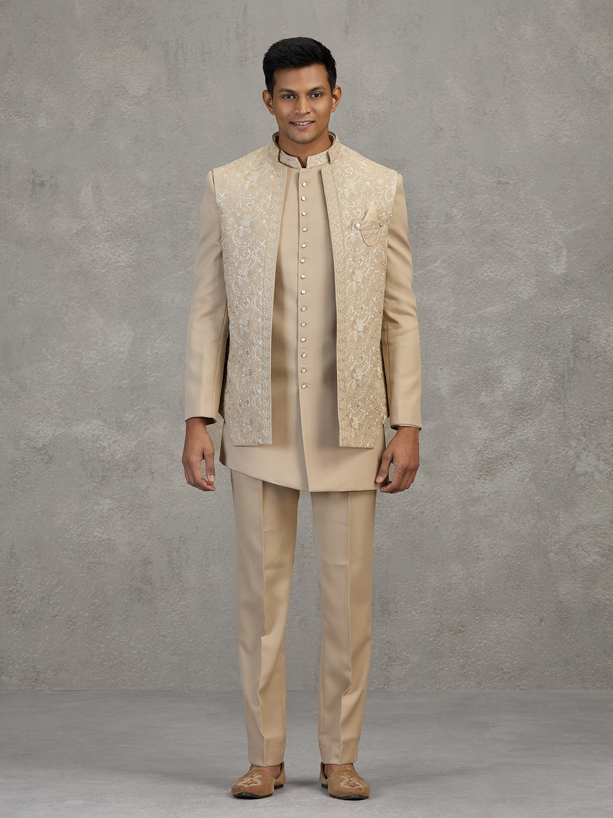 Gold terry rayon indowestern set with embroidery