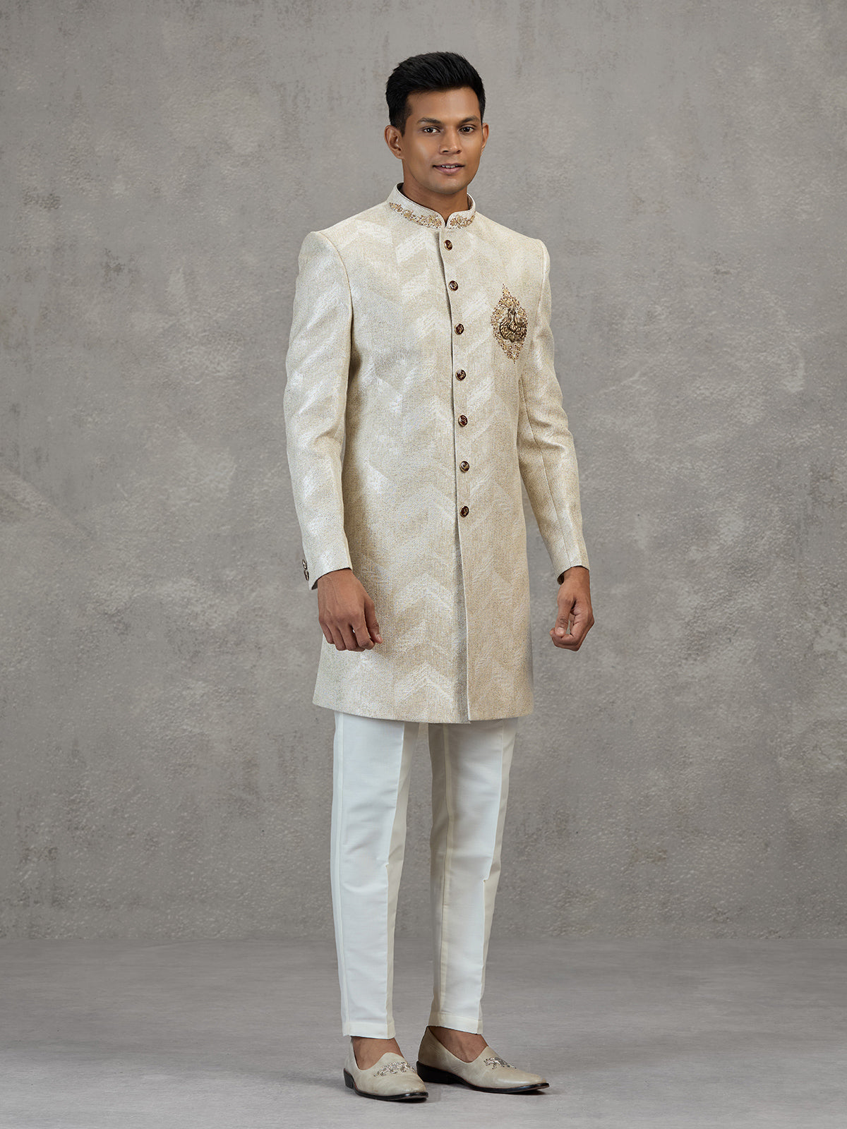 Beige textured jacquard indowestern set for reception celebration