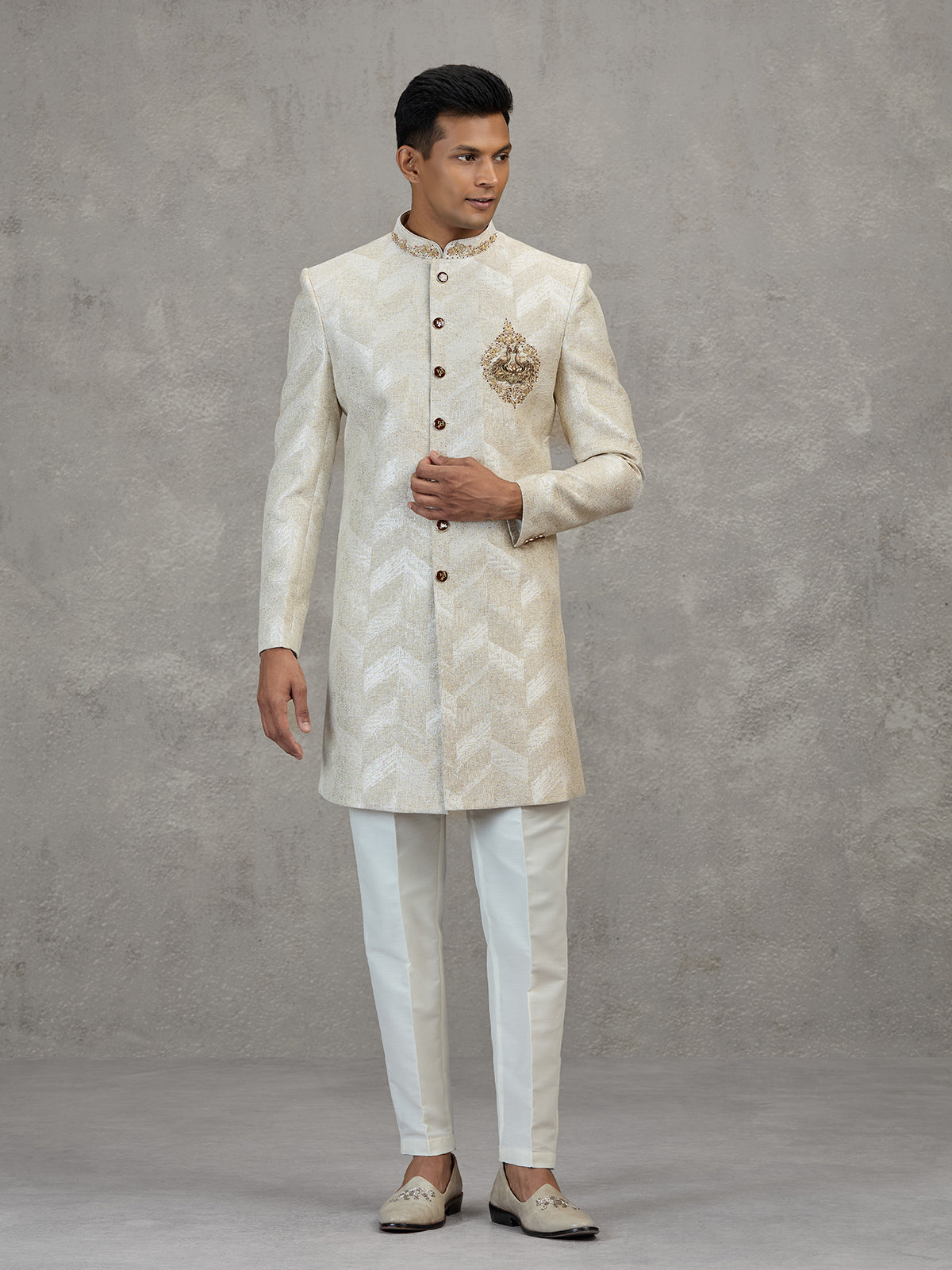 Beige textured jacquard indowestern set for reception celebration