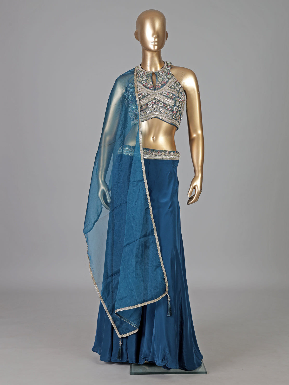 Blue crepe silk pearl and zardosi designer palazzo suit