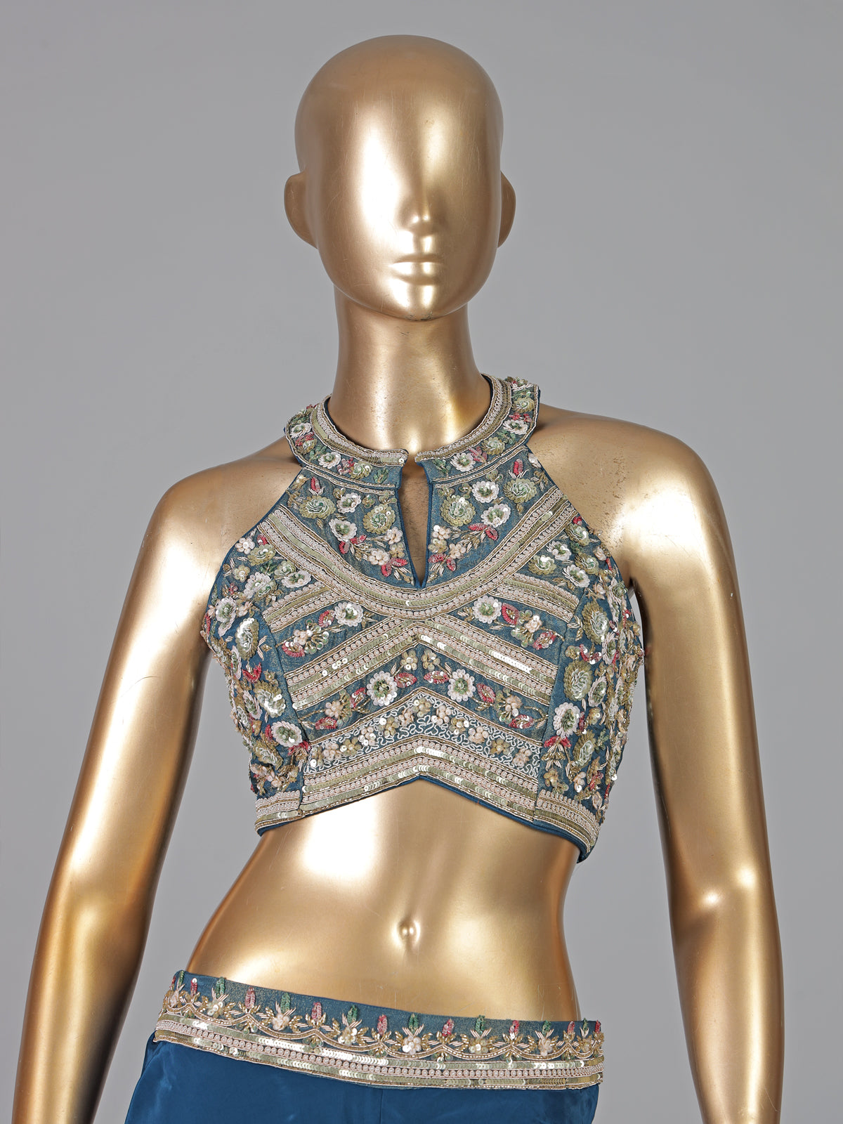Blue crepe silk pearl and zardosi designer palazzo suit