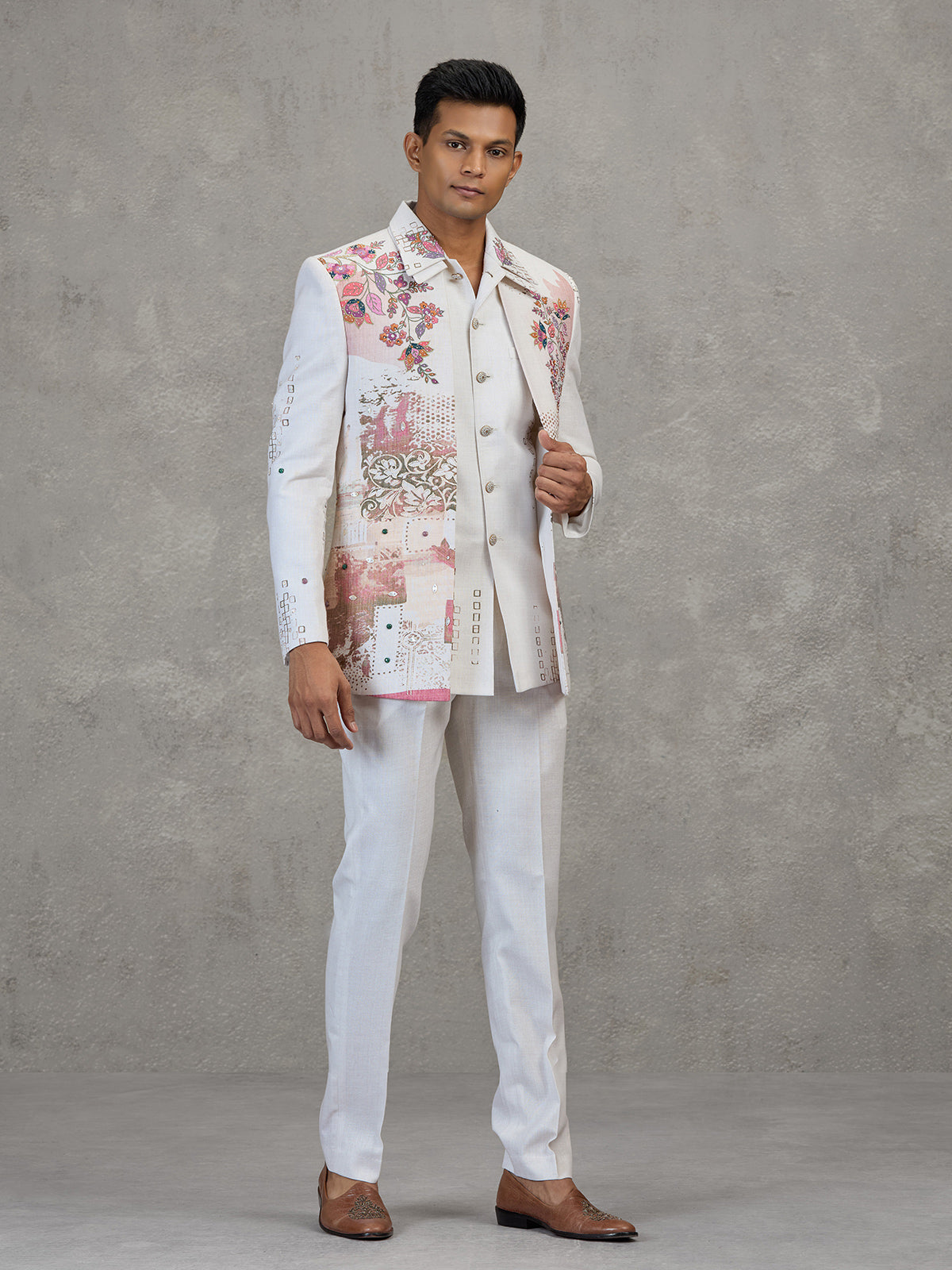 Off white linen carnival printed style indowestern set