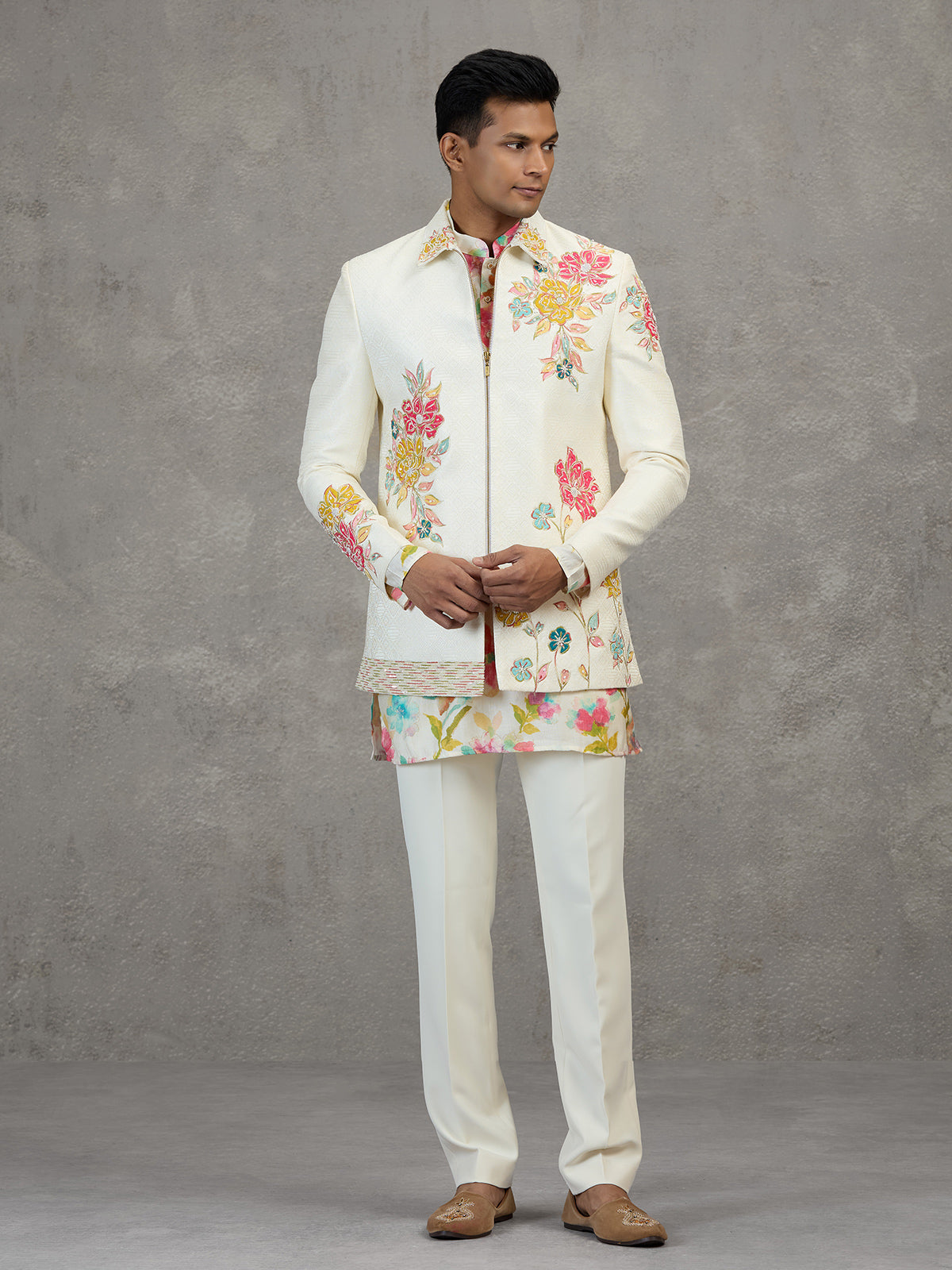 Cream jacquard carnival printed style indowestern set