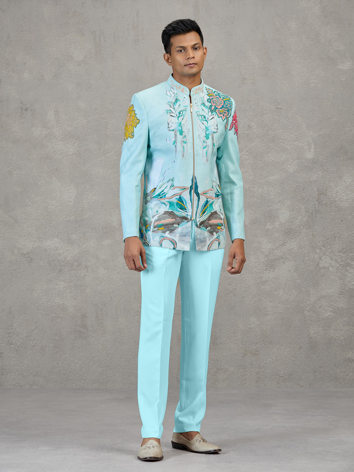 Aqua blue linen carnival printed style indowestern set