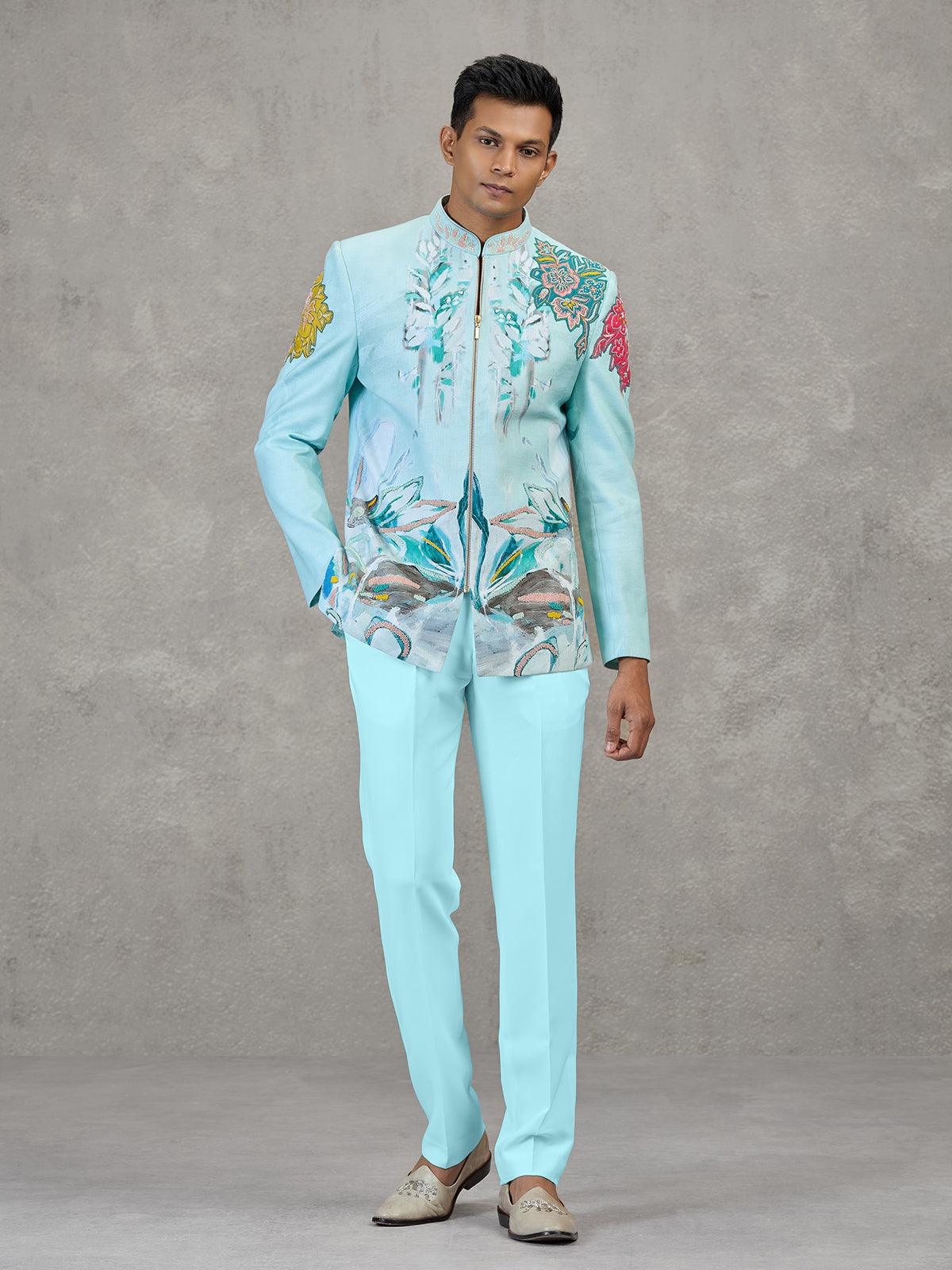 Aqua blue linen carnival printed style indowestern set