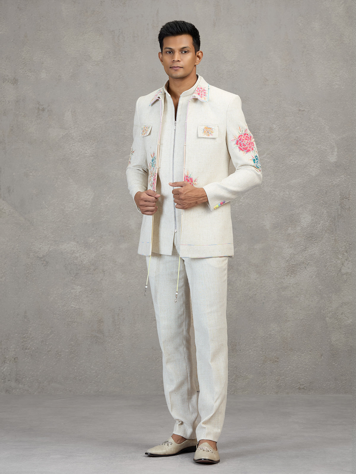 Off white linen designer carnival style indowestern set