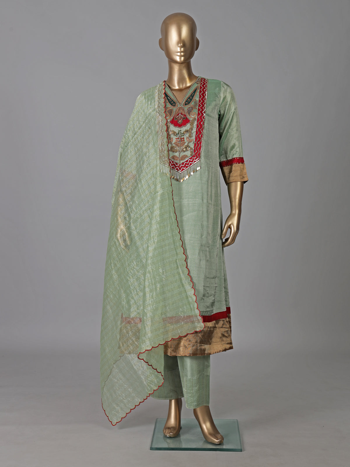 Pista green silk yoke style festive salwar suit