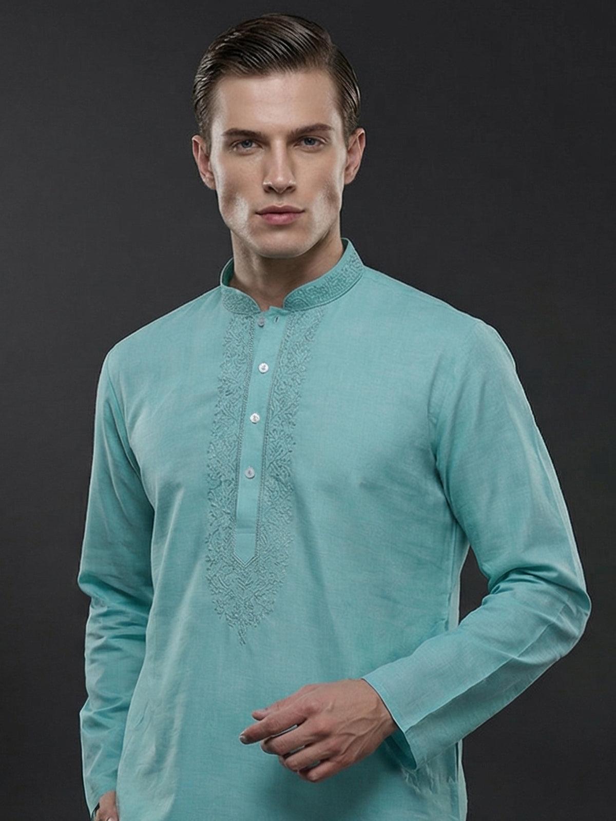 Aqua blue cotton linen thread work festive kurta suit